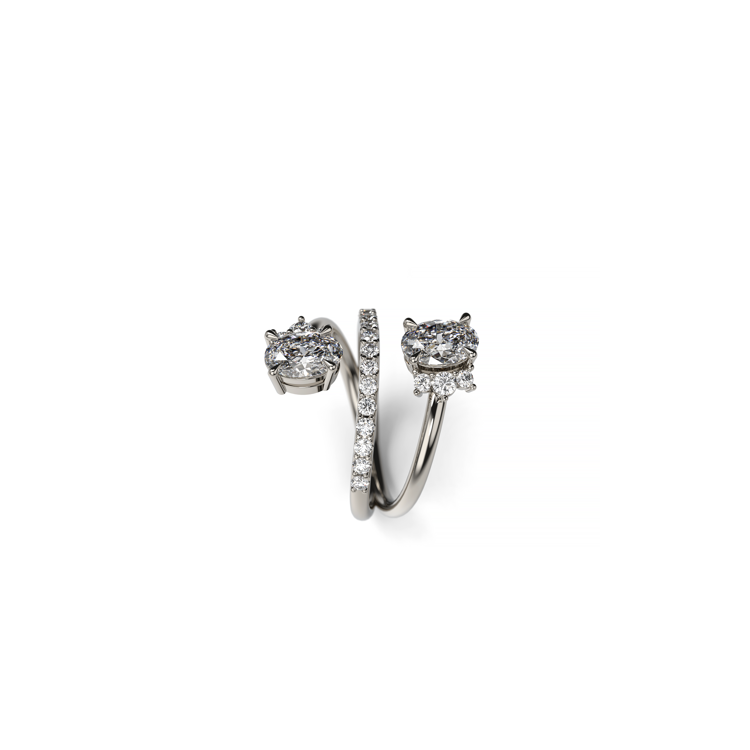 White gold bypass ring featuring two oval diamonds with half halos and a diamond band, side view