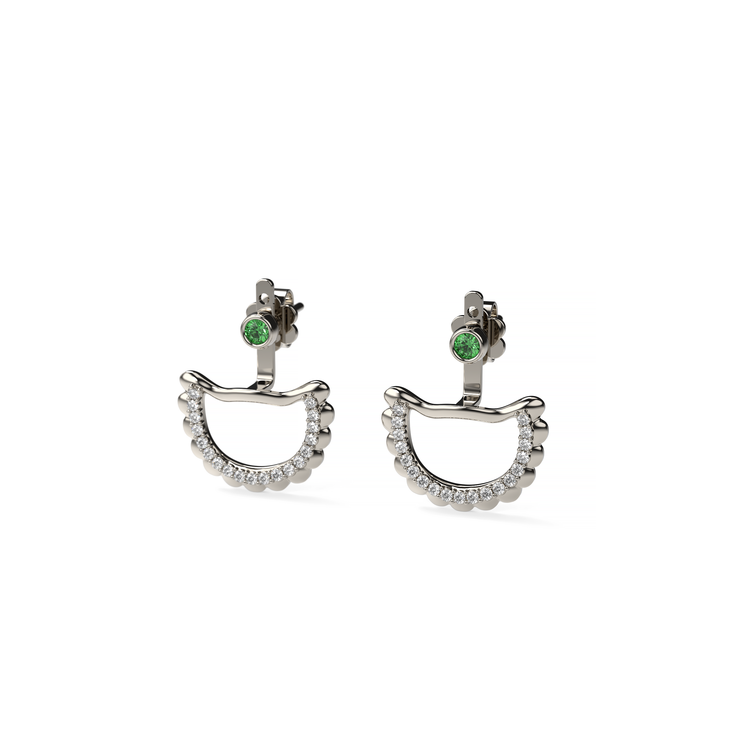 Custom designer earrings with natural emeralds pavé diamonds and artistic pierogi form