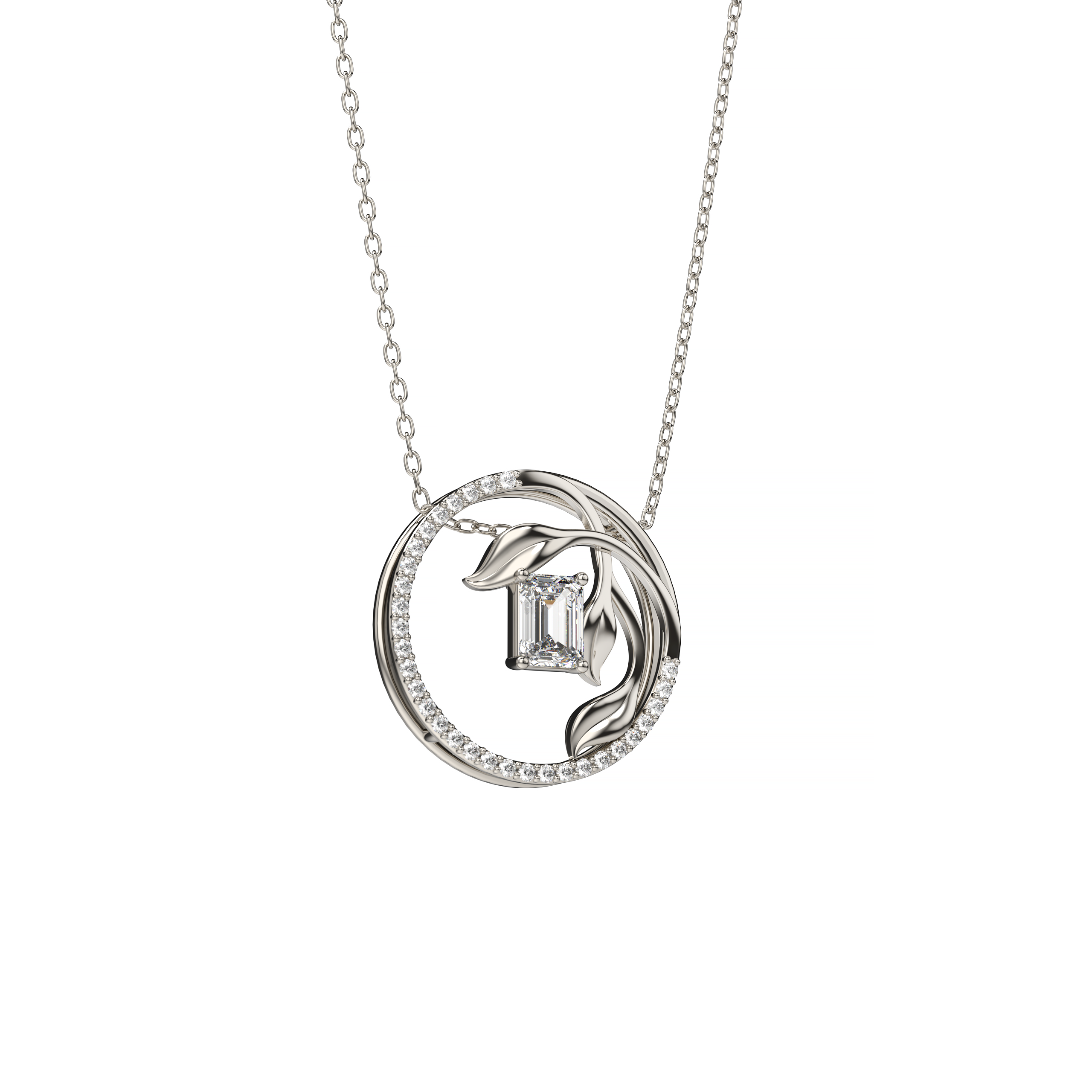 Emerald-Cut Diamond Pendant with Leaf Motif