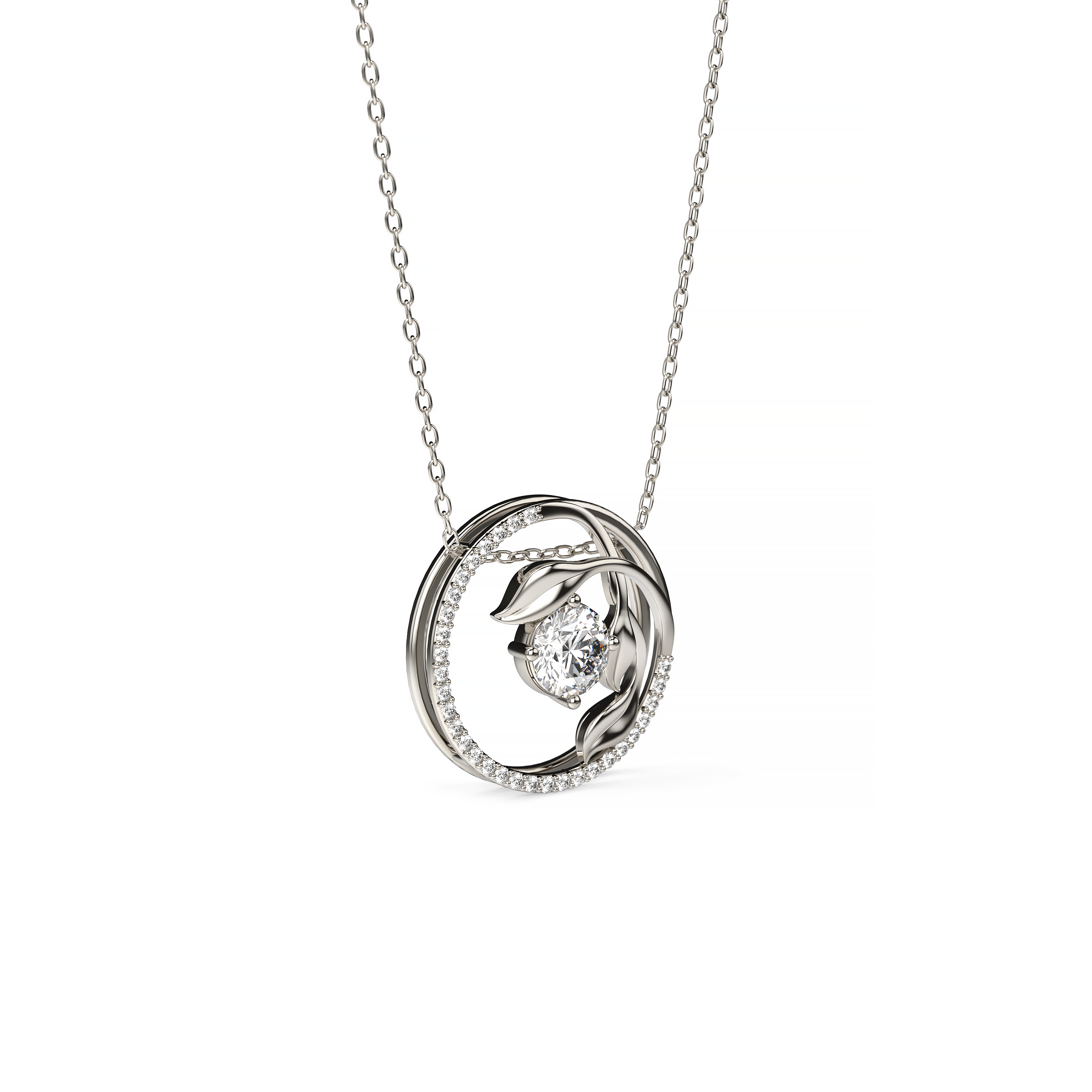 Round-Cut Diamond Pendant with Leaf Motif