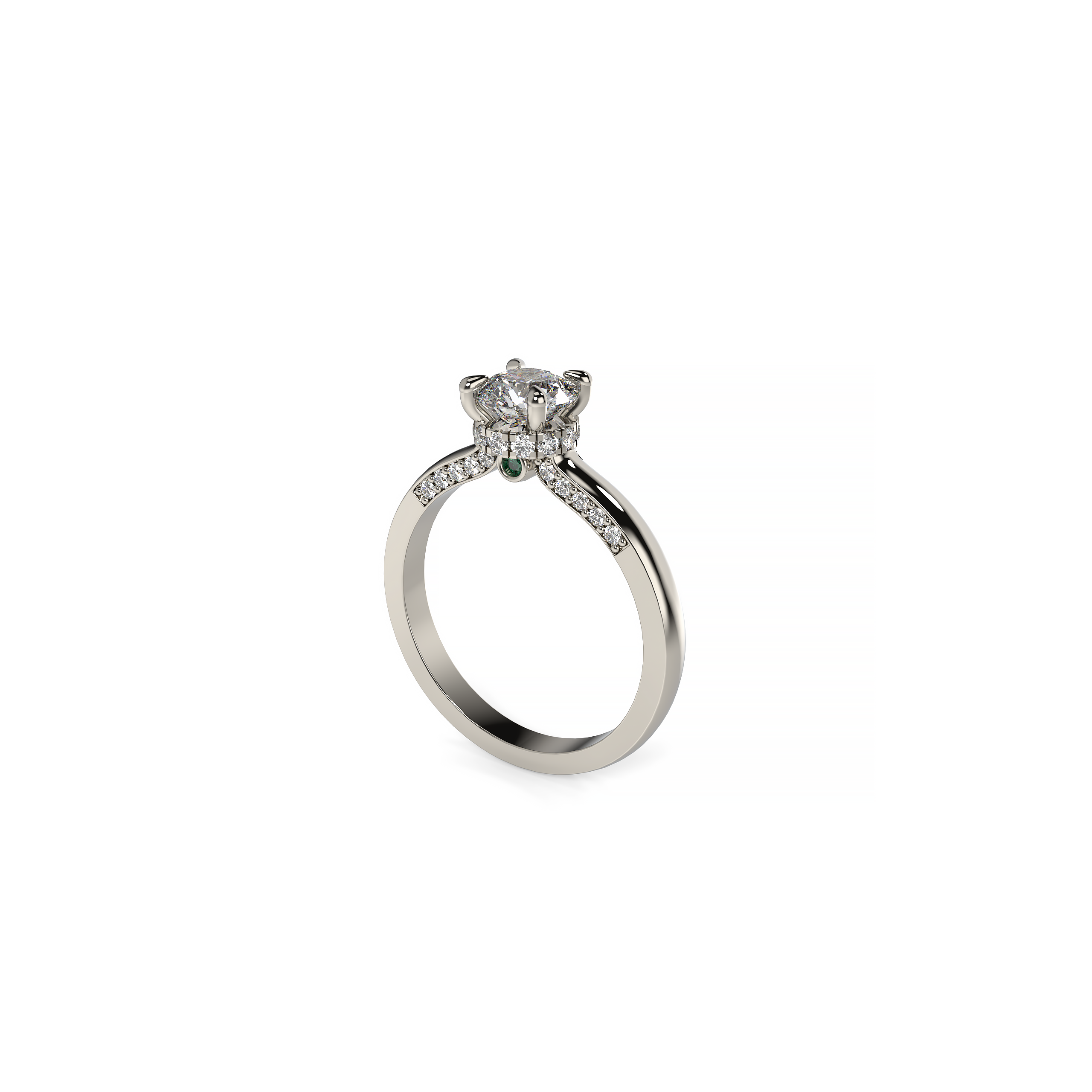 Round Diamond Engagement Ring with Hidden Diamond Halo and Accent Emeralds