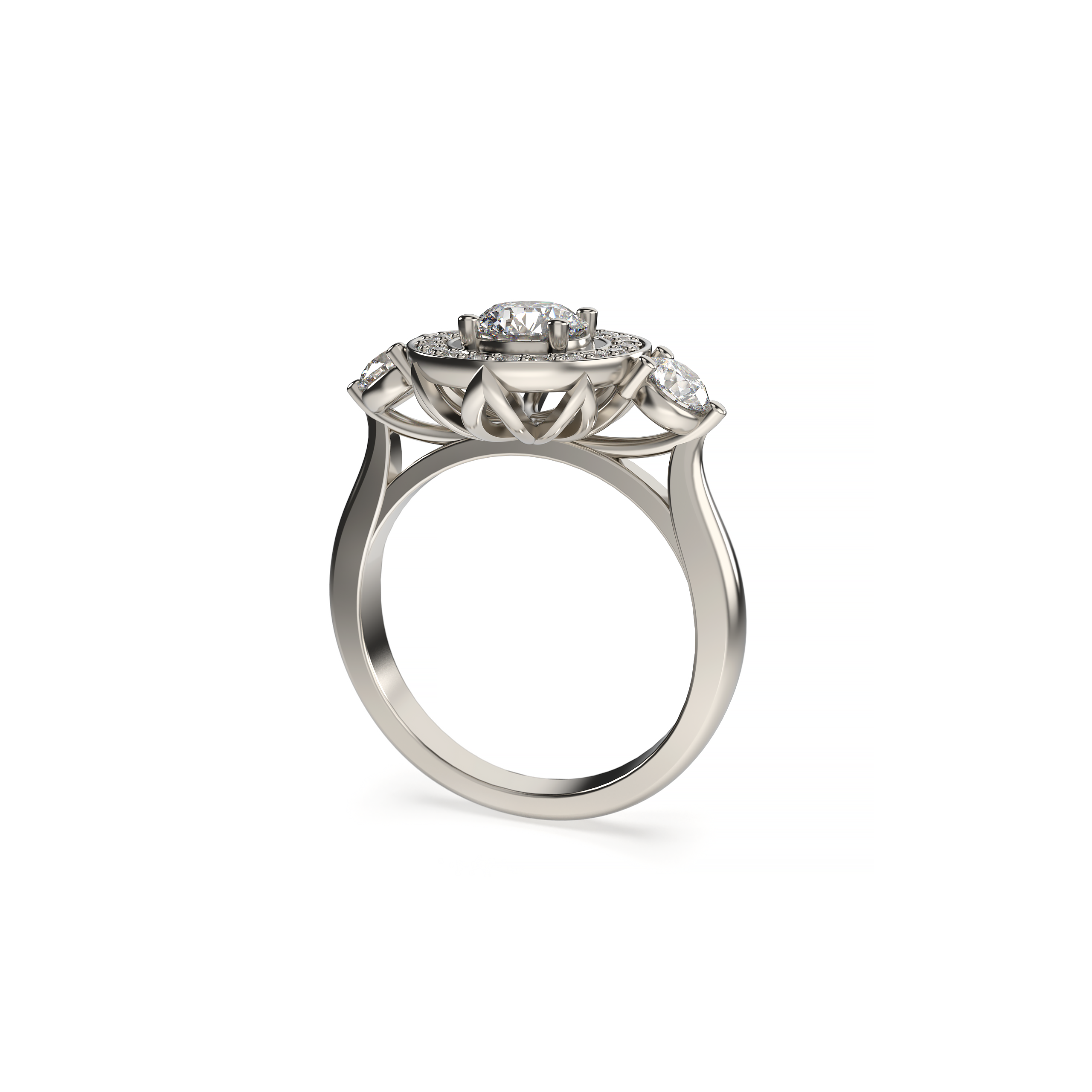 White gold ring with diamond accents on a white background