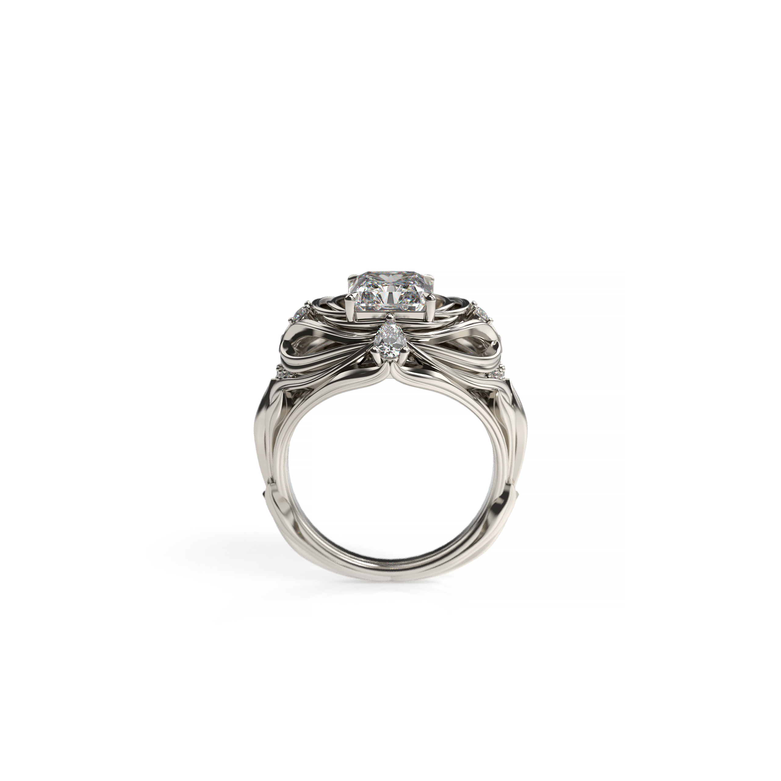 2ct radiant cut diamond ring with pear-shaped and round accent diamonds, sculptural leaf-inspired band front view