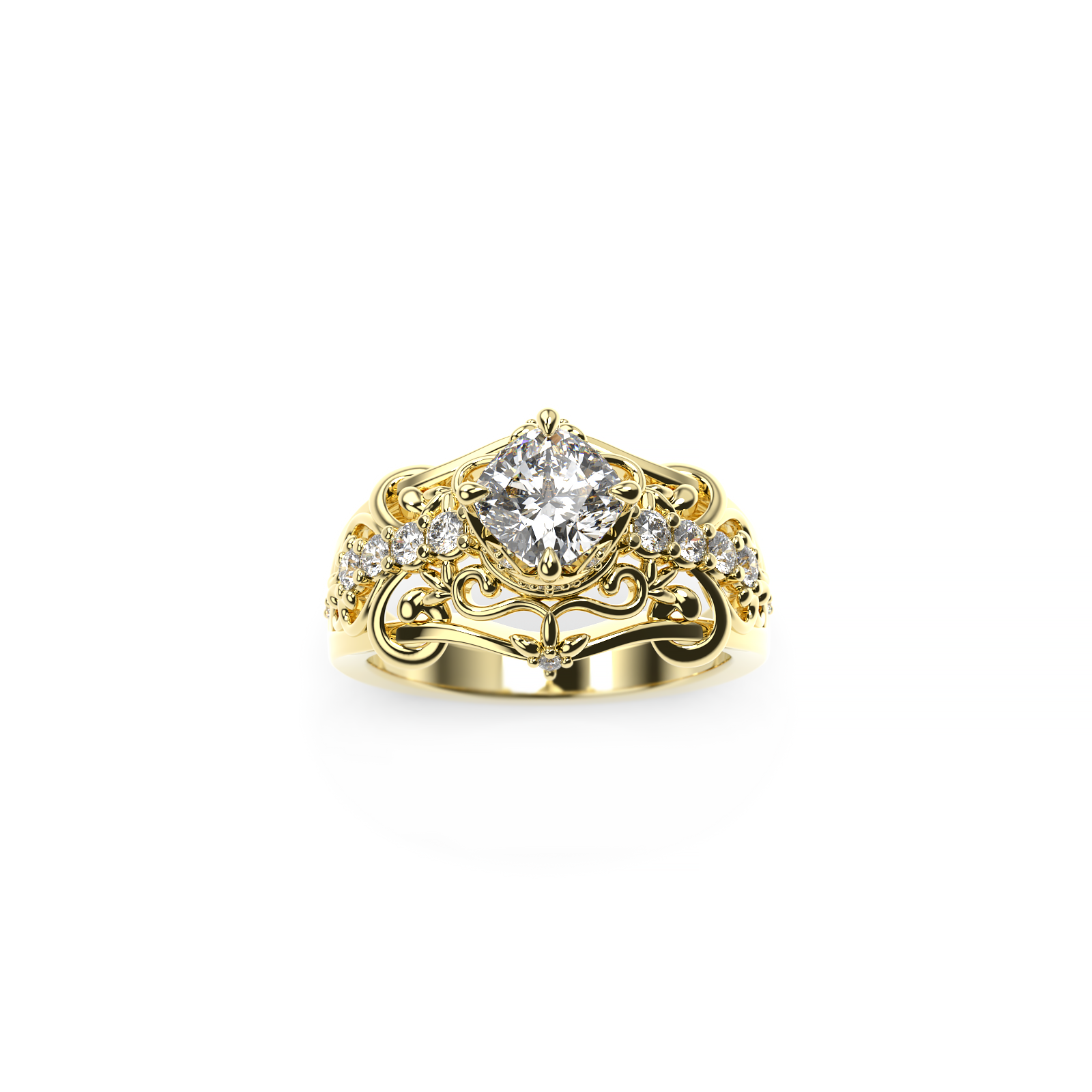 Front view of a vintage-inspired cushion-cut diamond ring with hidden halo, filigree scrollwork, and diamond accents in yellow gold on a white background