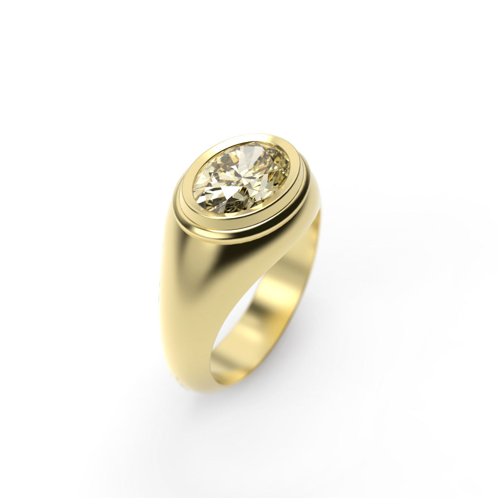Upright side view of a yellow diamond signet ring showing the sculpted band and stepped bezel