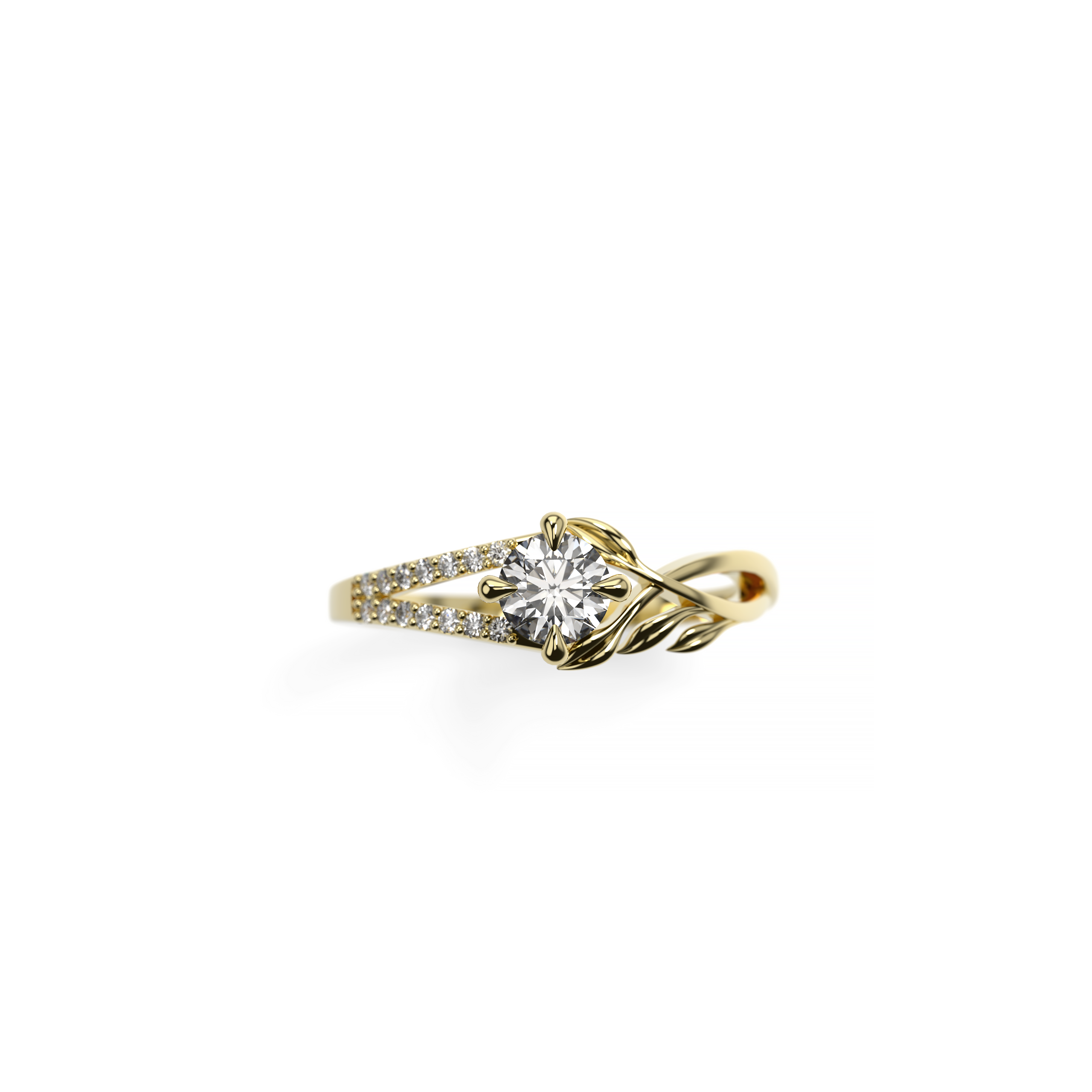 Round diamond ring in 18K yellow gold with sculpted leaf band and pavé accents – top view