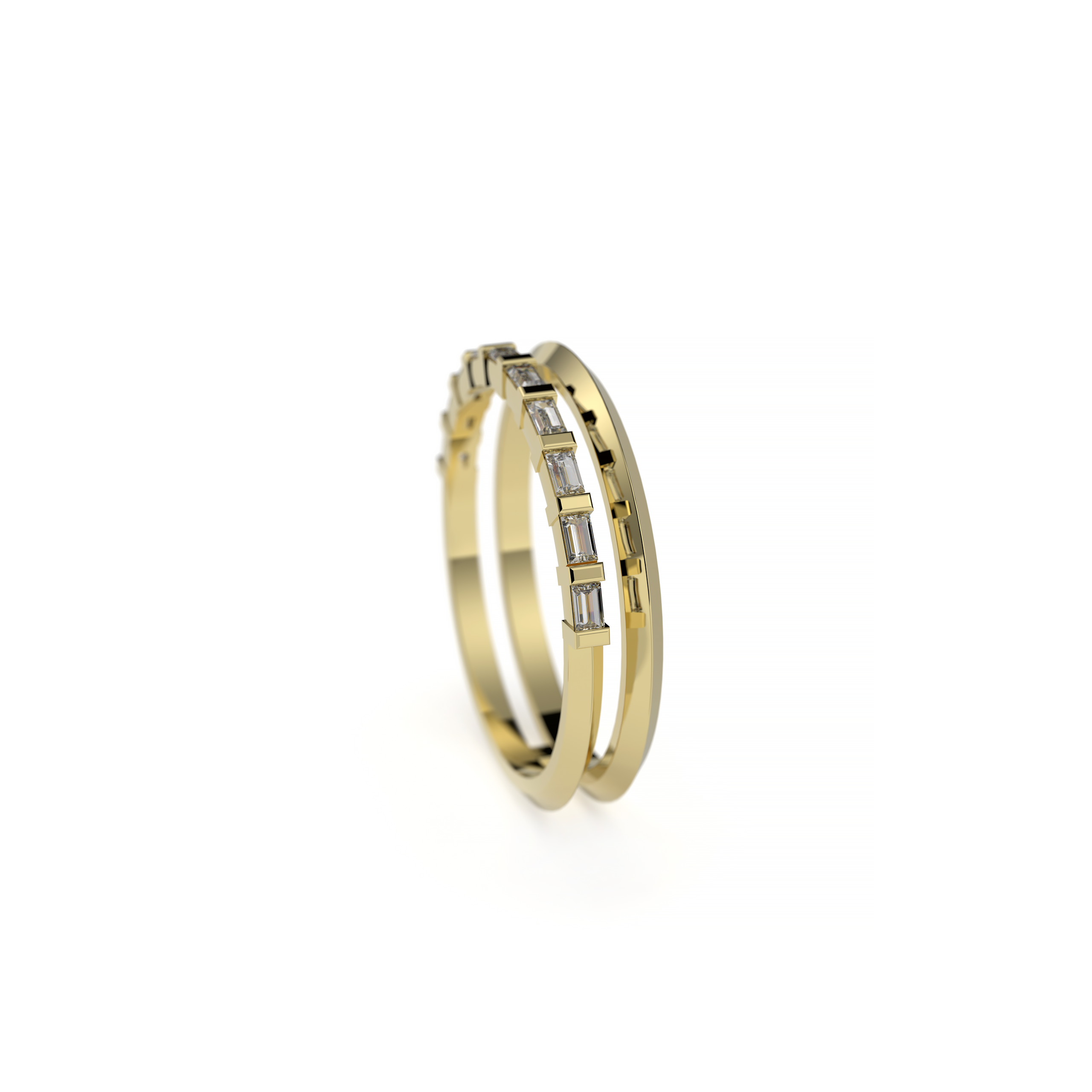 Contemporary double band ring featuring baguette-cut diamonds set horizontally, elegant and minimal from a front-facing angle.