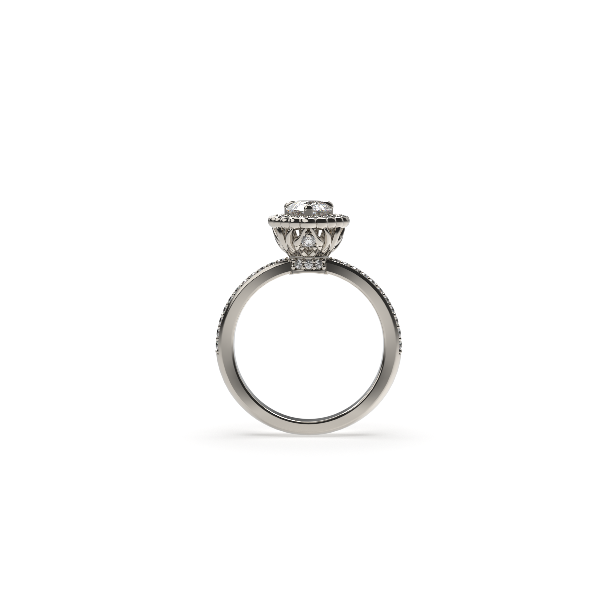 Pear-shaped diamond engagement white gold ring with halo and pavé band, shown in a front view