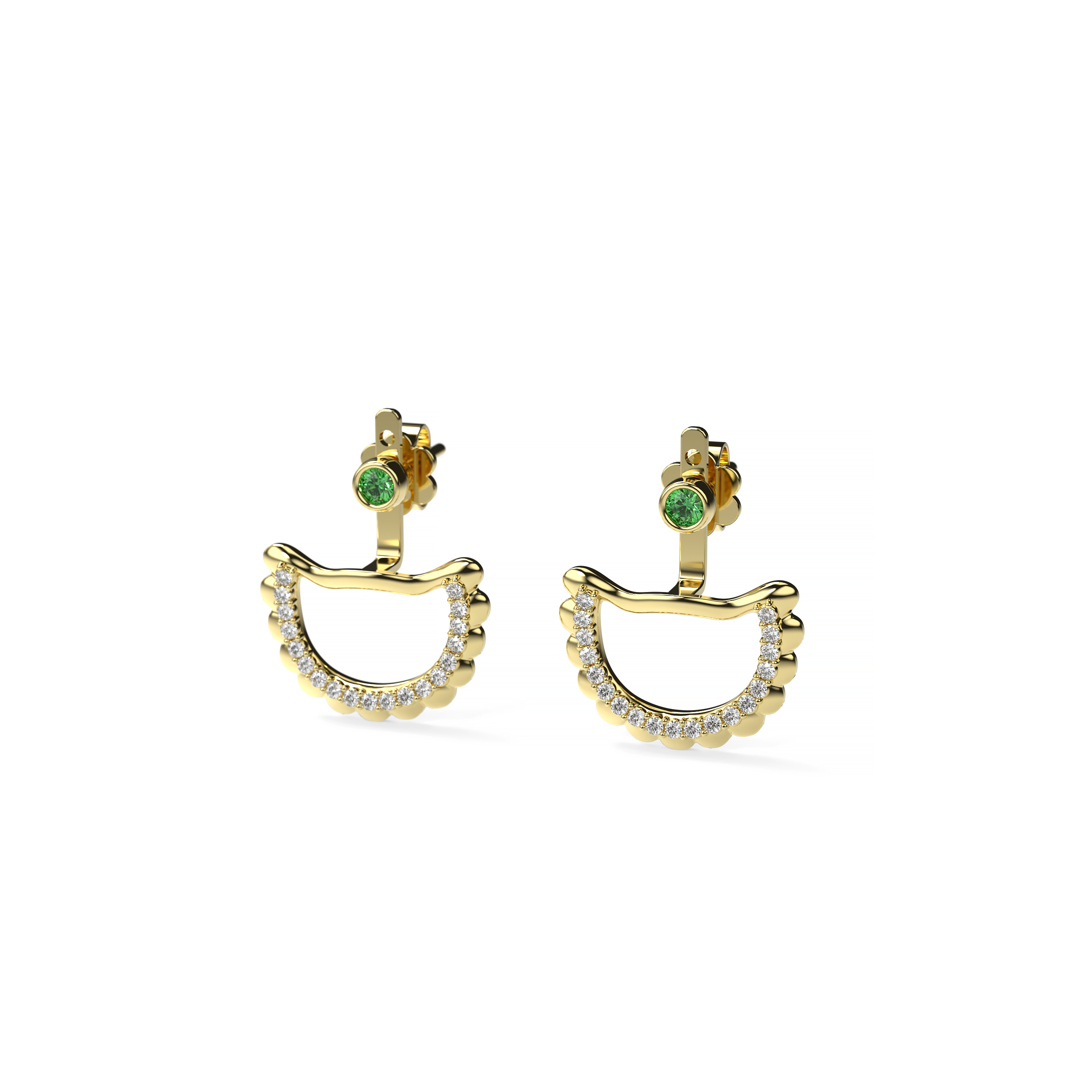 Yellow gold earrings with natural emeralds pavé diamonds and artistic pierogi form
