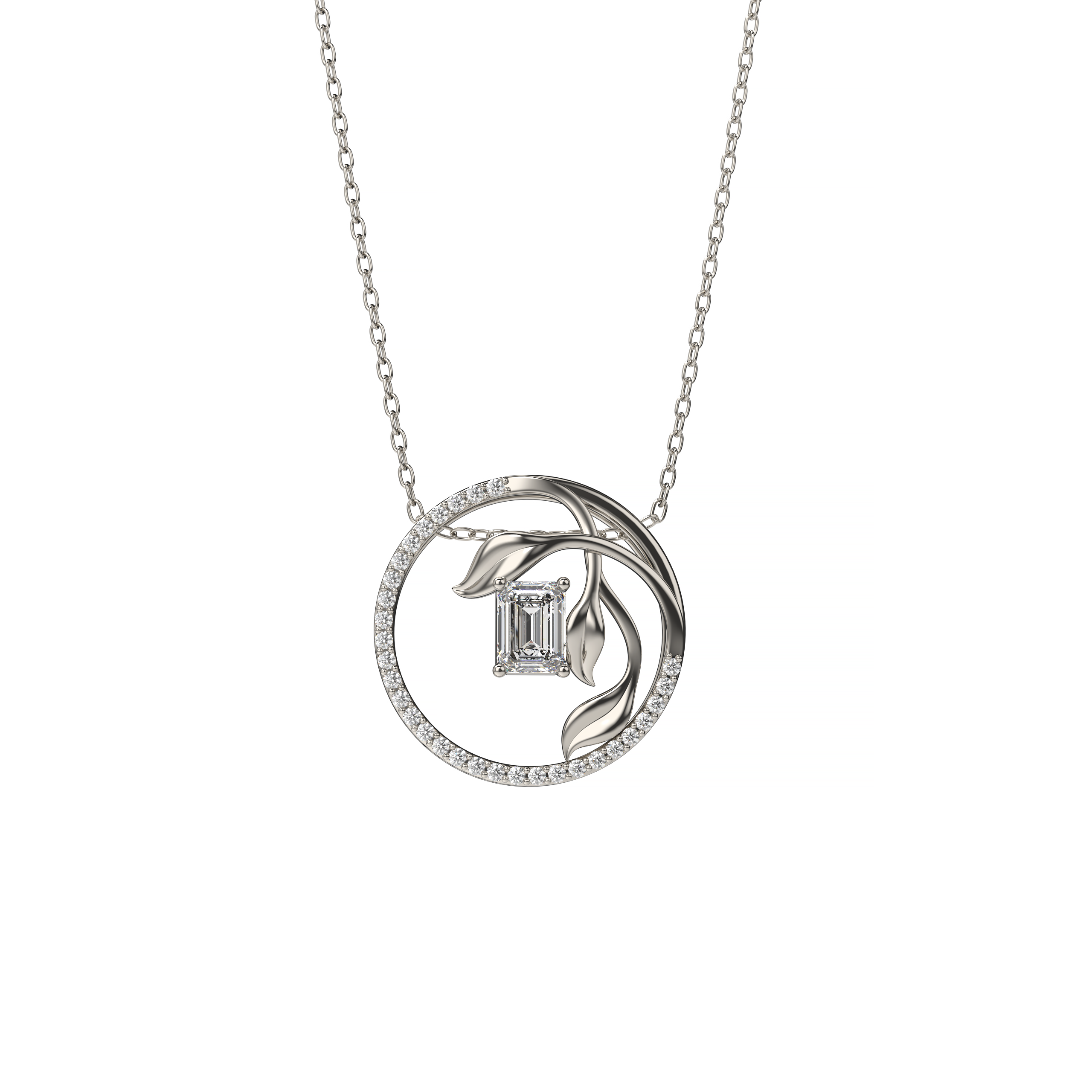 Emerald-Cut Diamond Pendant with Leaf Motif