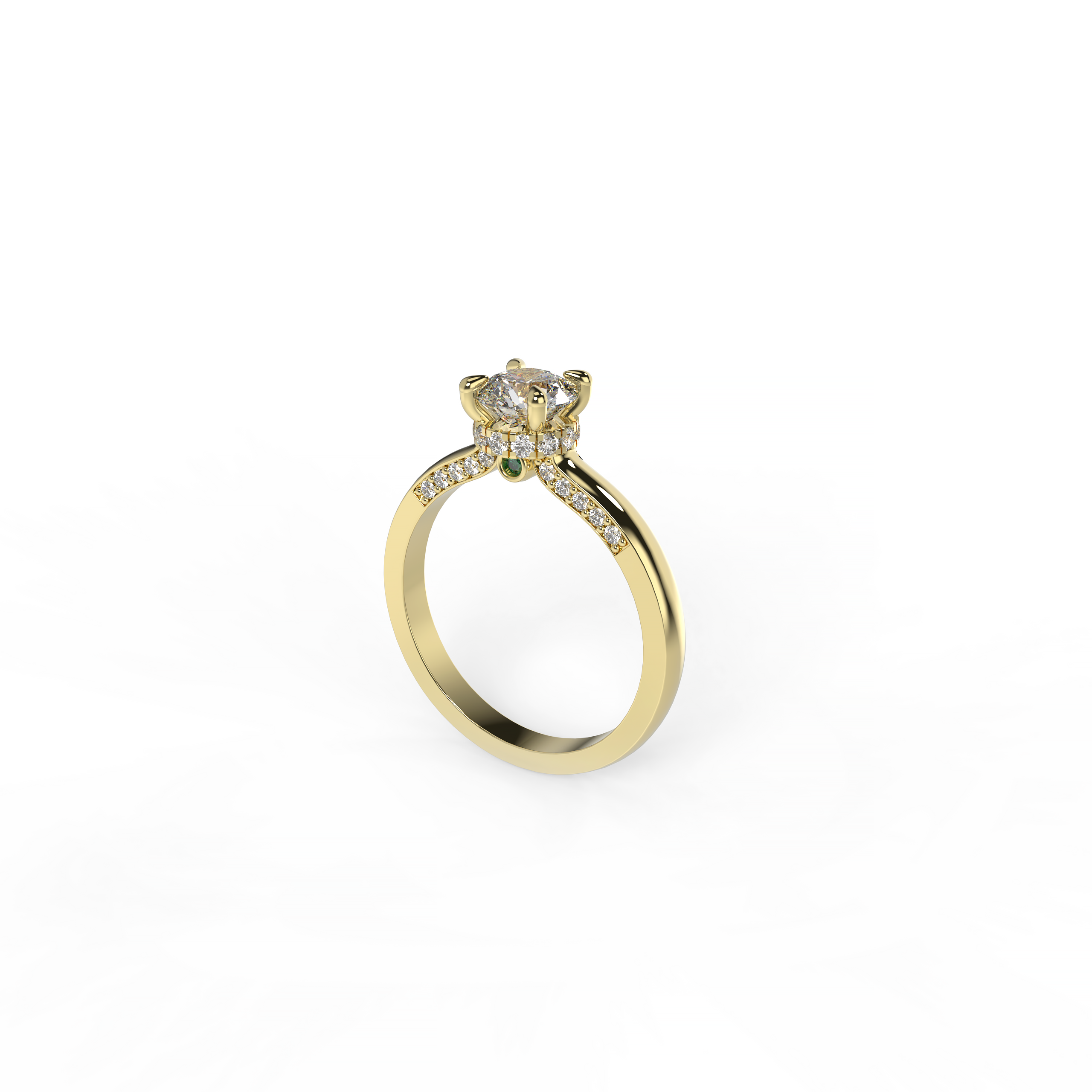 Round Diamond Engagement Ring with Hidden Diamond Halo and Accent Emeralds