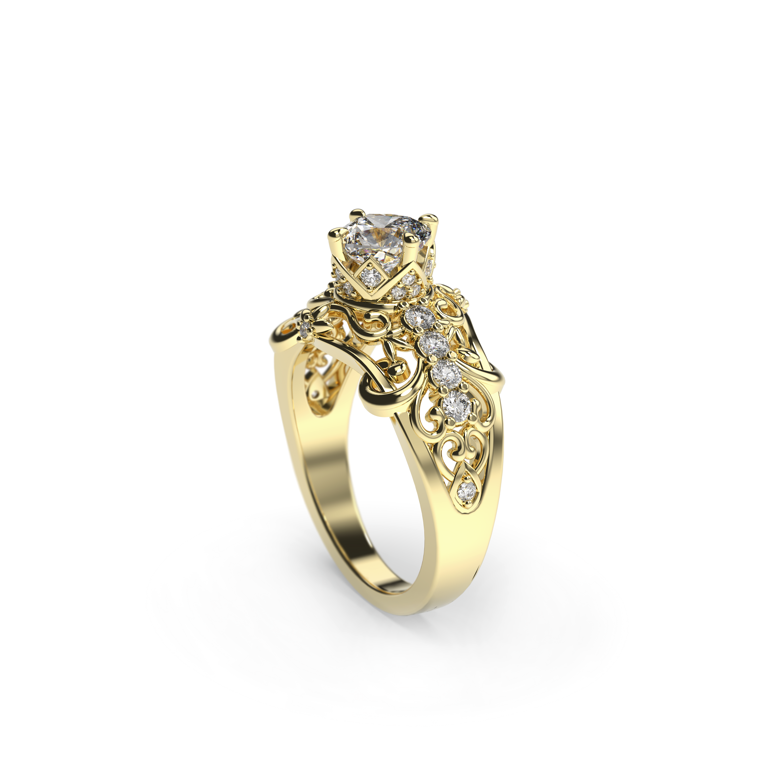 Gold ring with diamond accents on a white background