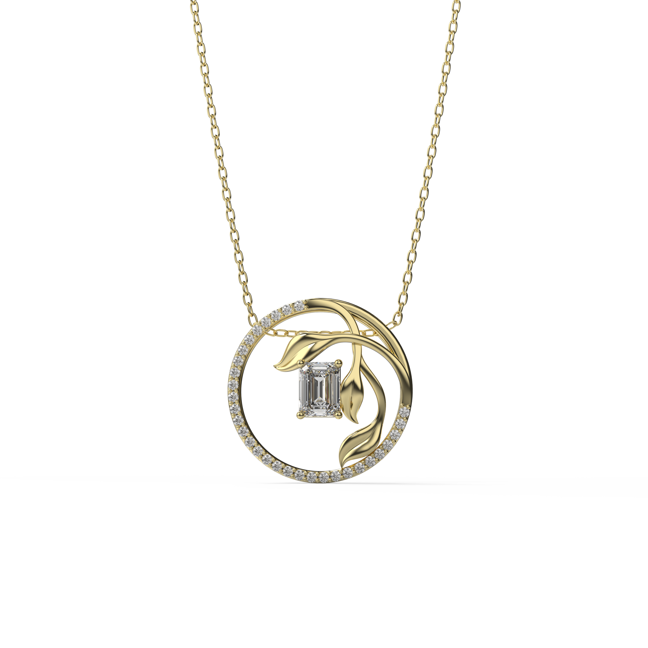 Emerald-Cut Diamond Pendant with Leaf Motif