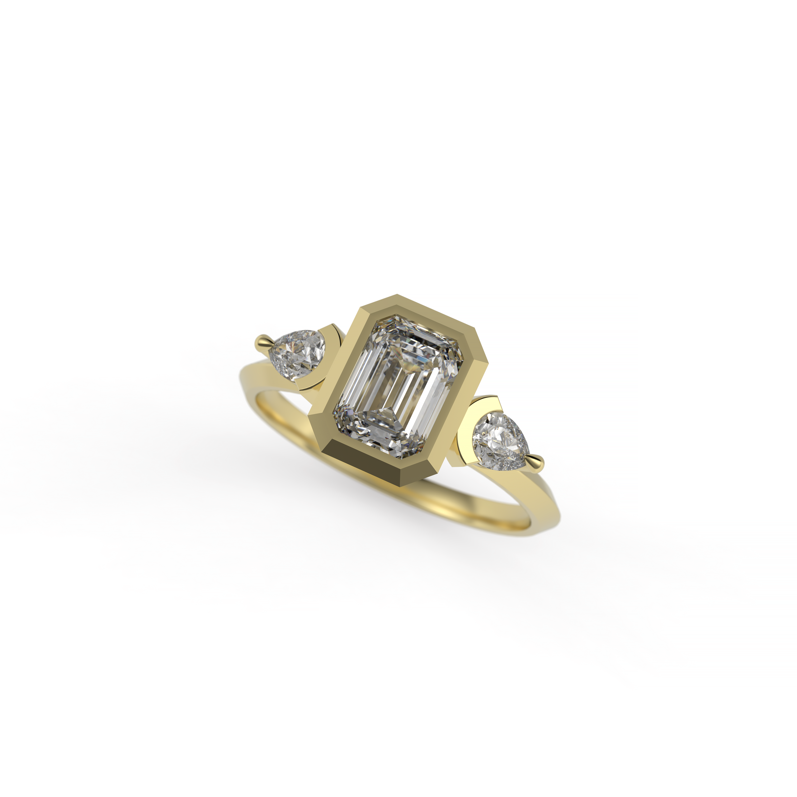 Emerald Cut Diamond Engagement Ring with Accent Pear Cut Diamonds and Knife-Edge Band