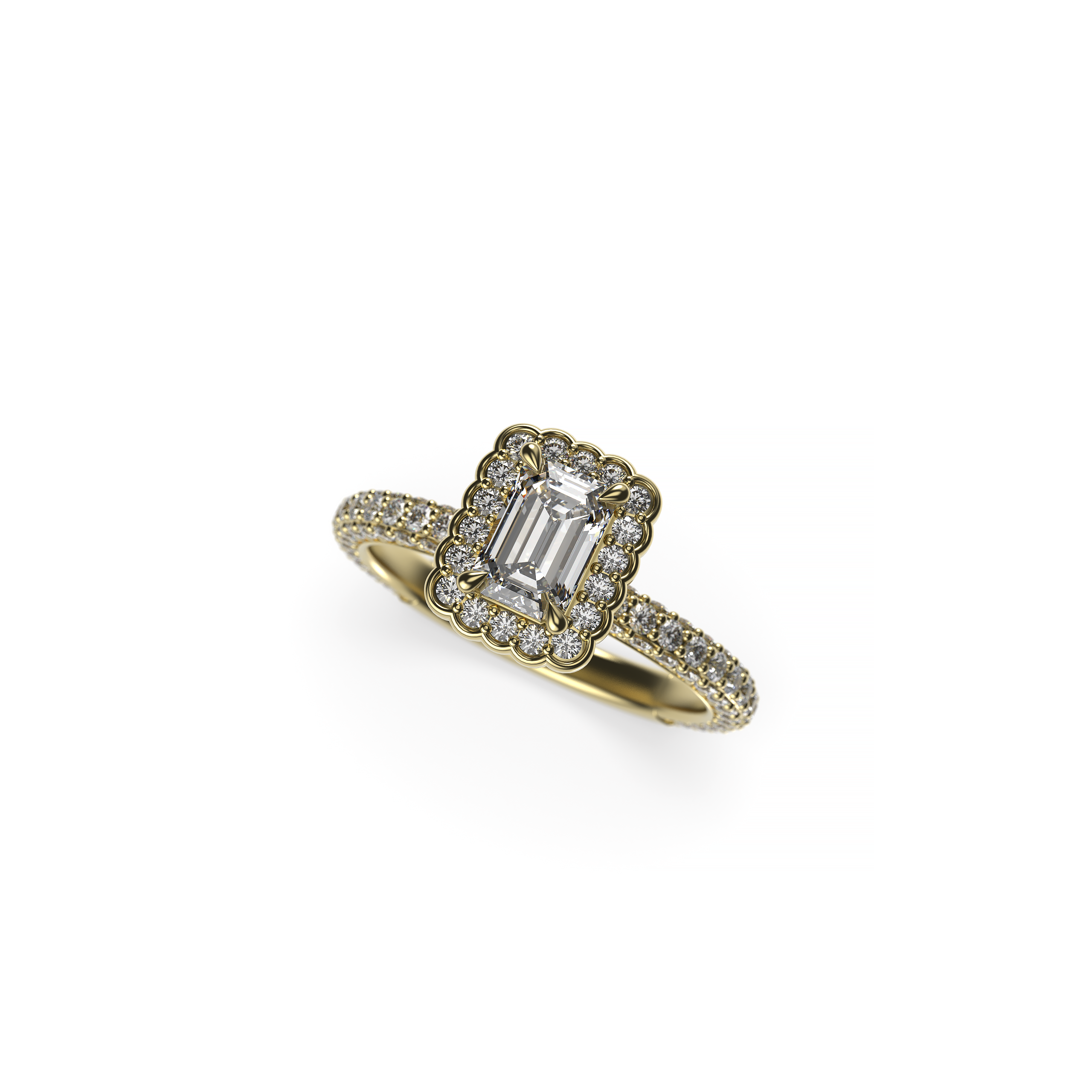Halo Engagement Ring with Emerald-Shaped Diamond and Diamond Shank