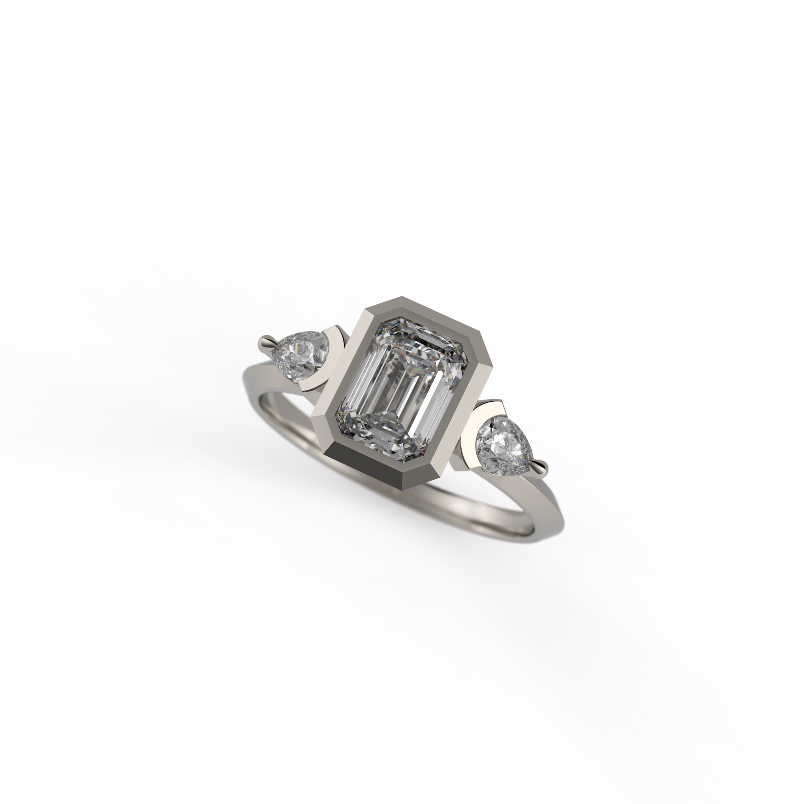 Emerald Cut Diamond Engagement Ring with Accent Pear Cut Diamonds and Knife-Edge Band