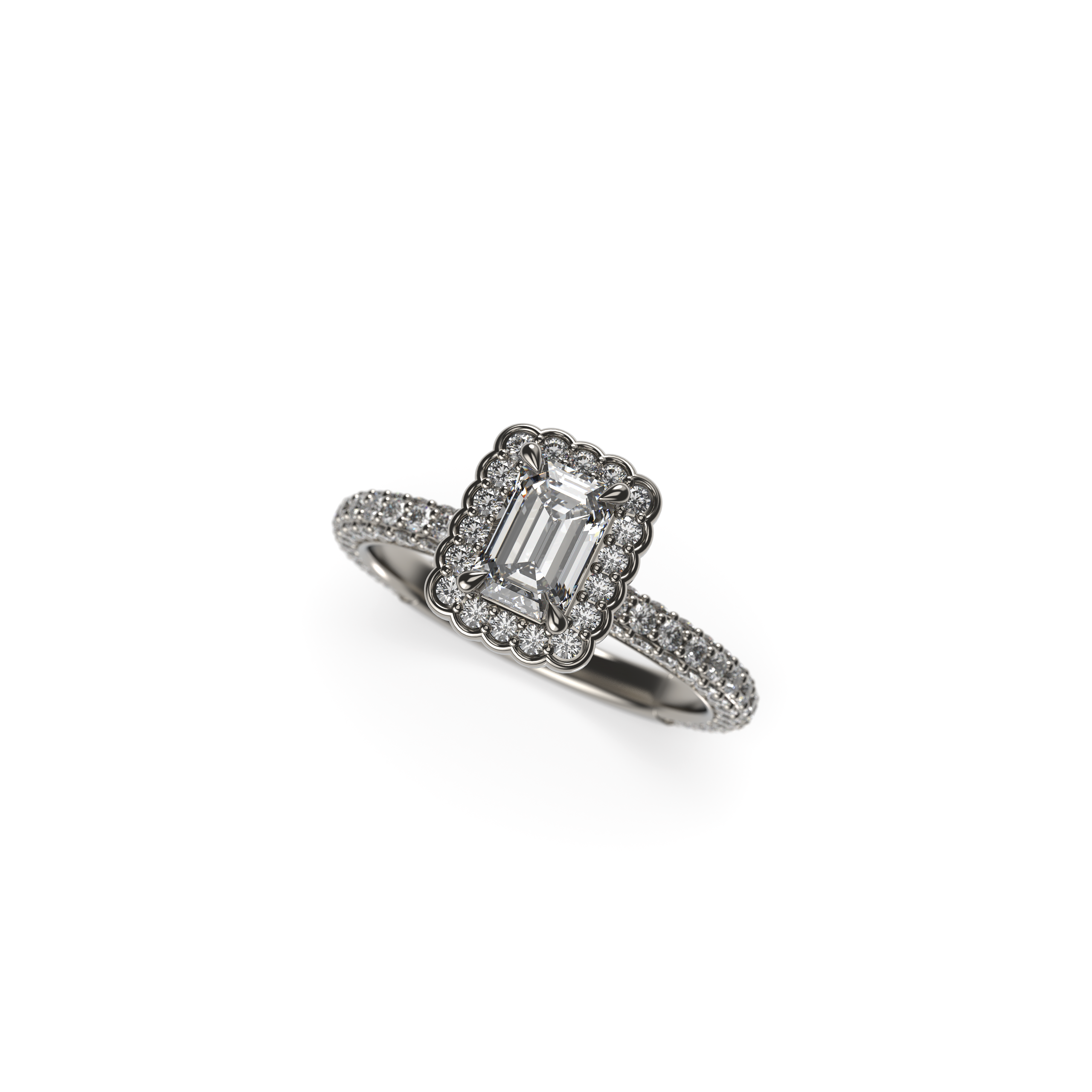 Halo Engagement Ring with Emerald-Shaped Diamond and Diamond Shank