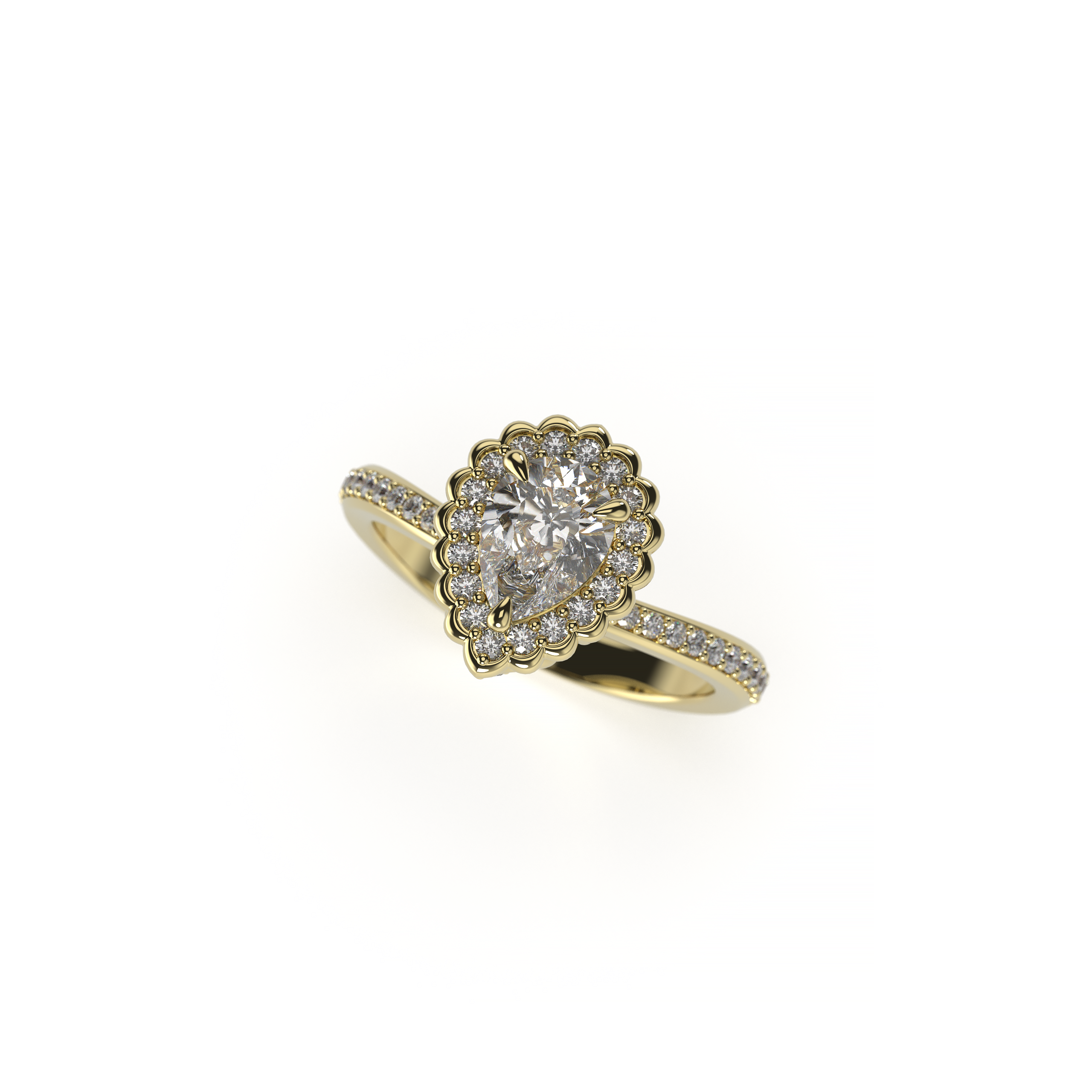 Halo Engagement Ring with Pear-Shaped Diamond and Diamond Shank