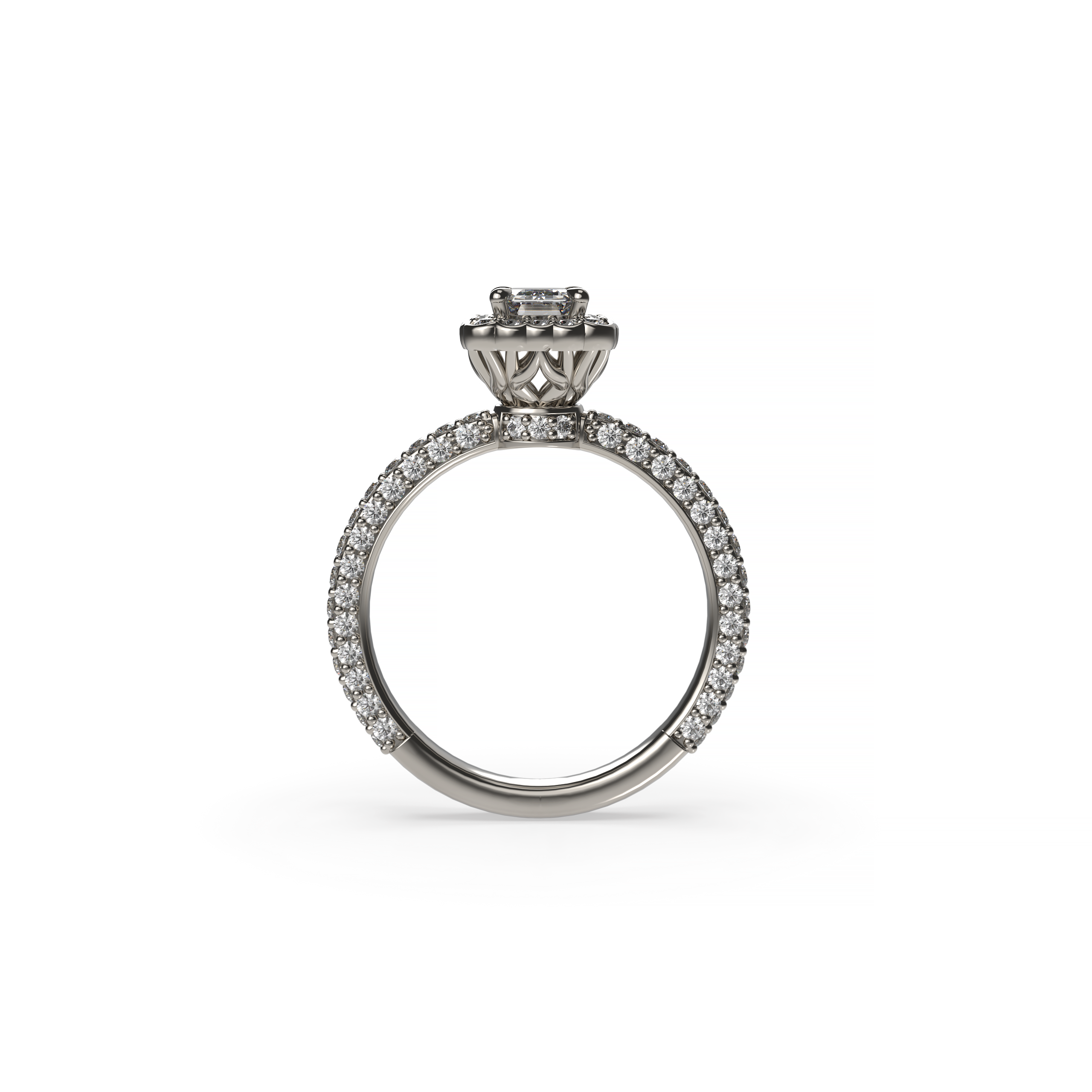 Halo Engagement Ring with Emerald-Shaped Diamond and Diamond Shank