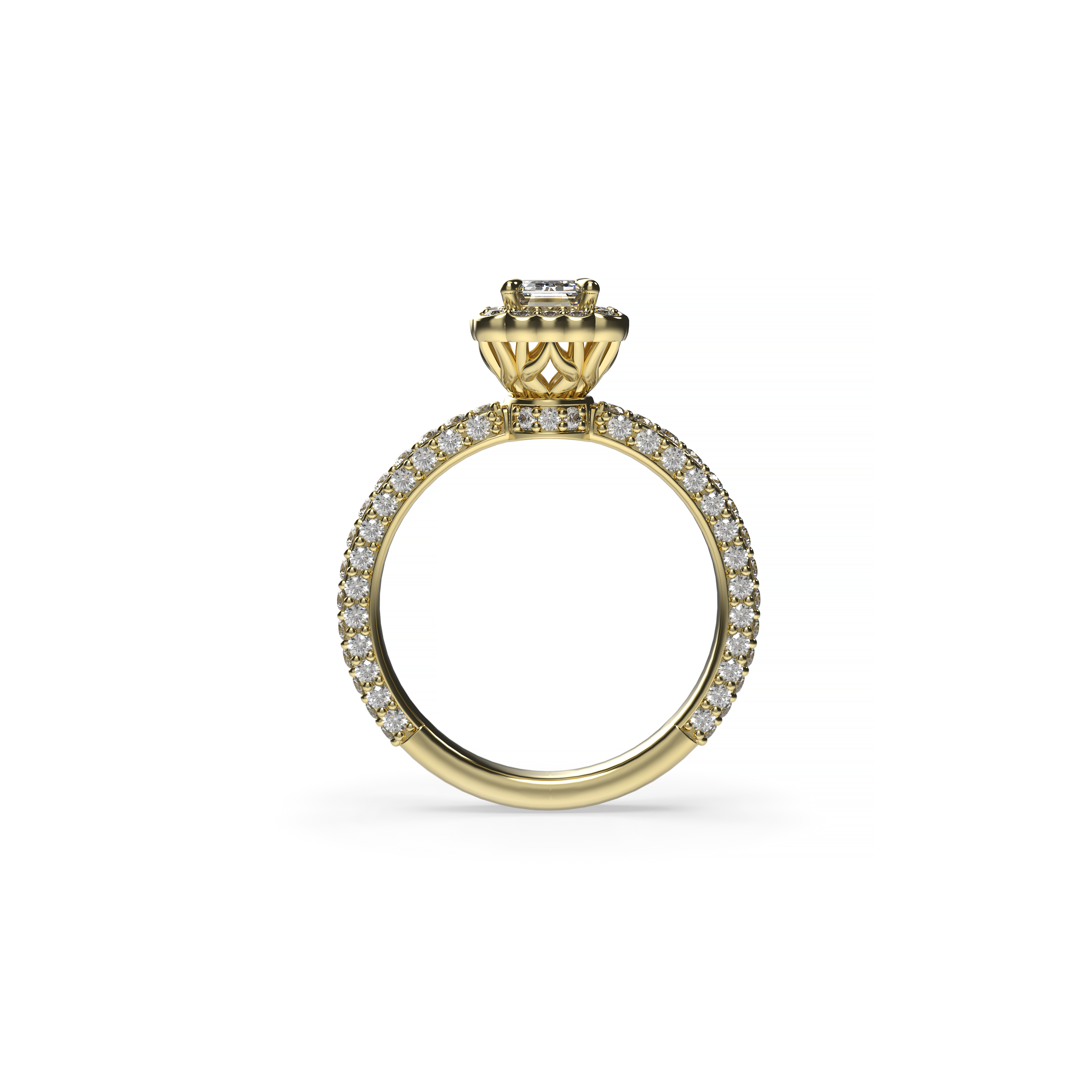 Halo Engagement Ring with Emerald-Shaped Diamond and Diamond Shank