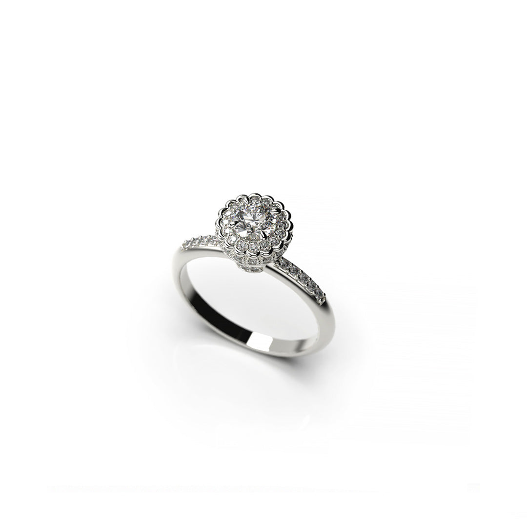 White gold floral halo diamond ring with pavé band, crafted with brilliant-cut center stone  perspective view