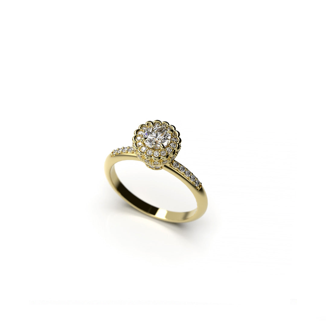 Yellow gold floral halo diamond ring with pavé band, crafted with brilliant-cut center stone  perspective view