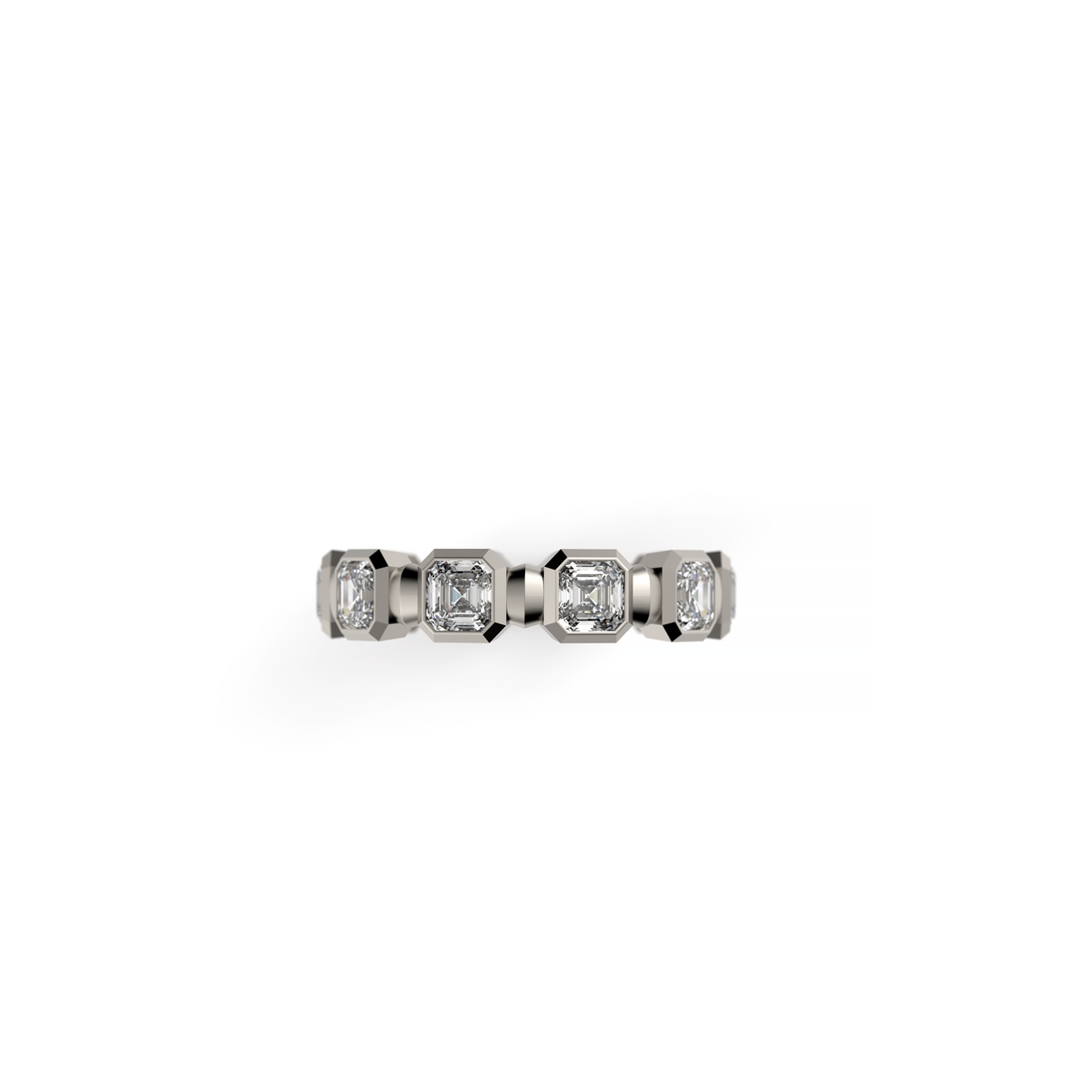 White gold Asscher-cut diamond eternity band with bezel-set step-cut diamonds, shown front view on a white background.