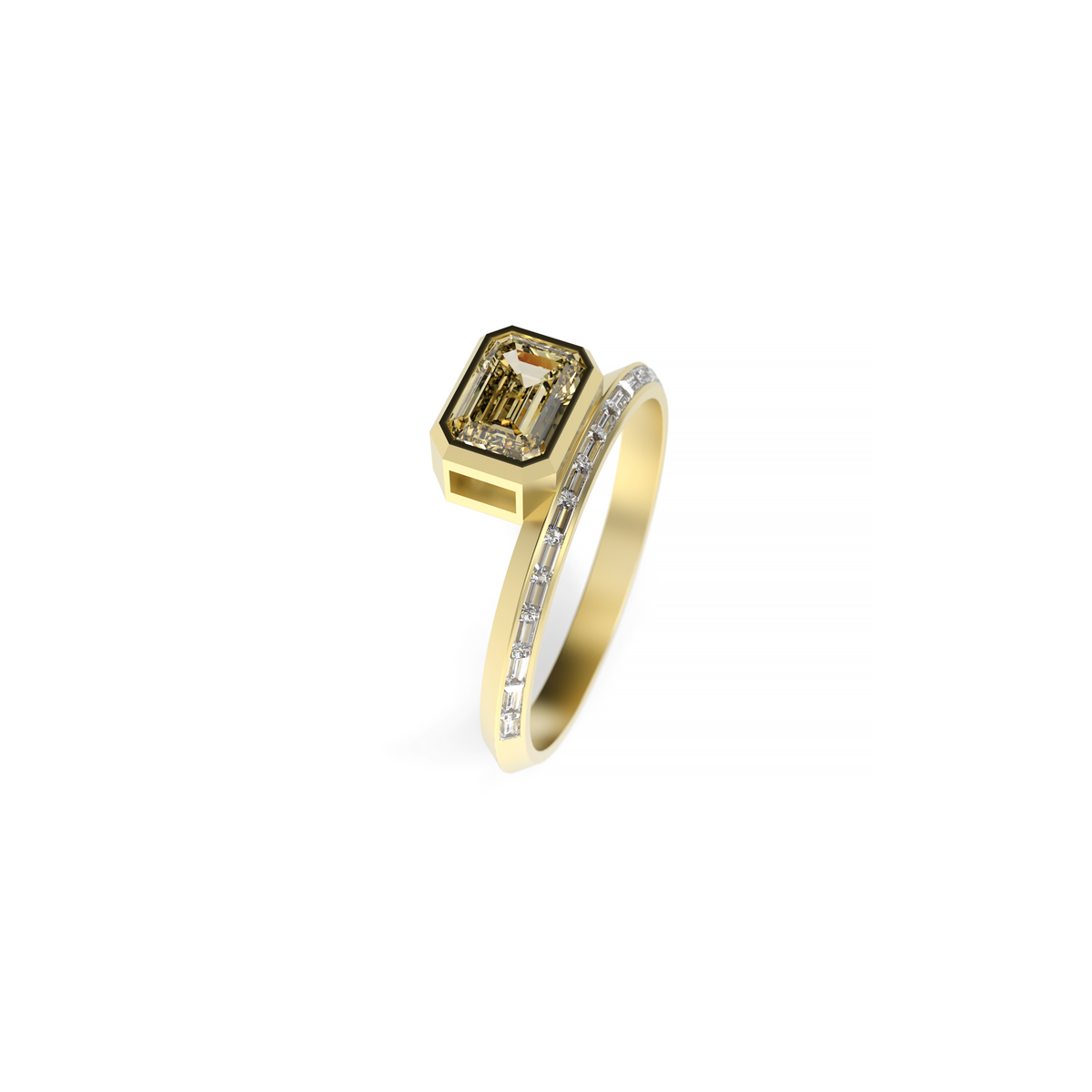 Yellow gold emerald-cut diamond engagement ring with a bezel-set center stone and baguette diamond accents along a knife-edge band, shown at an angled view on a white background.
