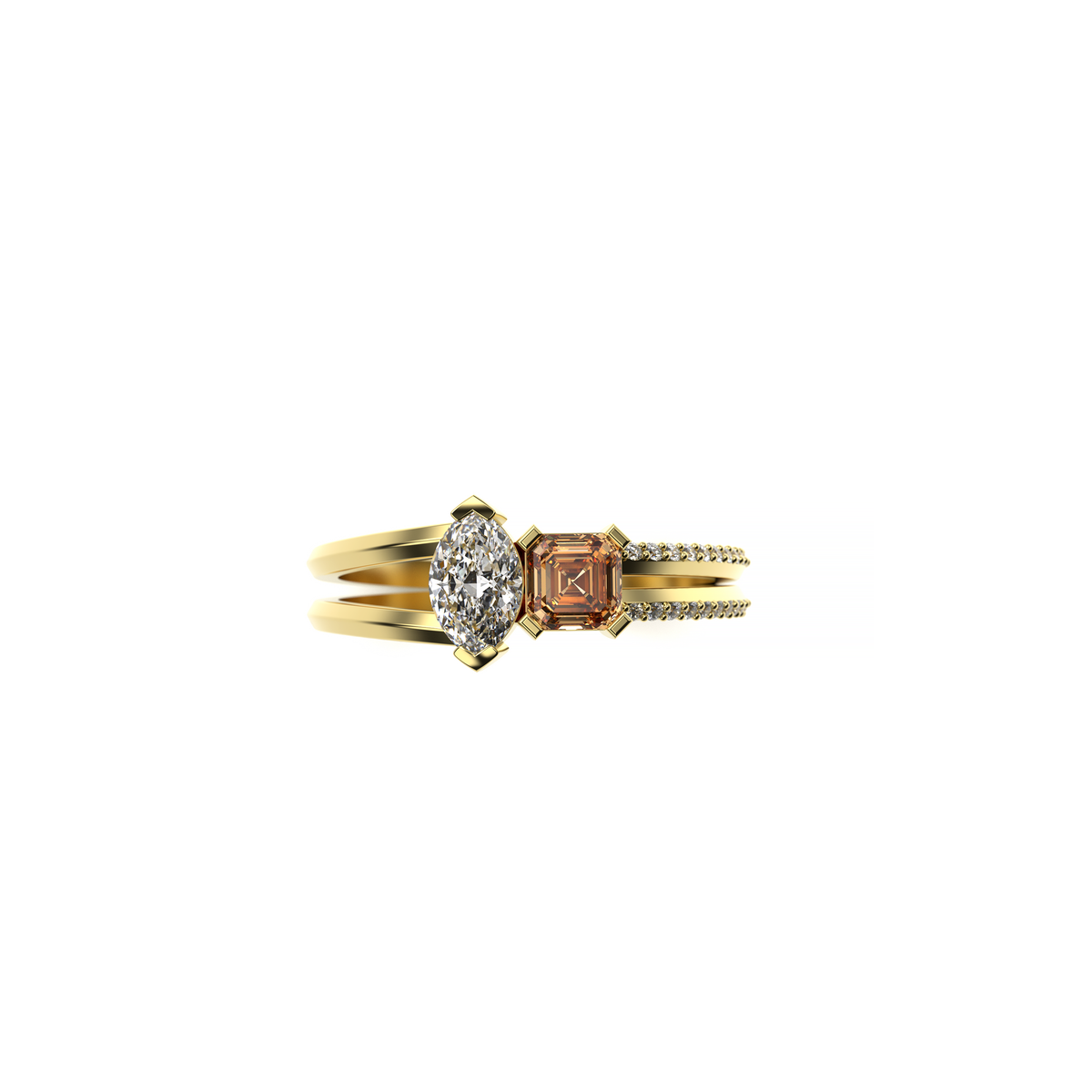 Front view of a yellow gold marquise diamond and Asscher-cut sapphire engagement ring with pavé diamond accents on a split band, shown on a white background.