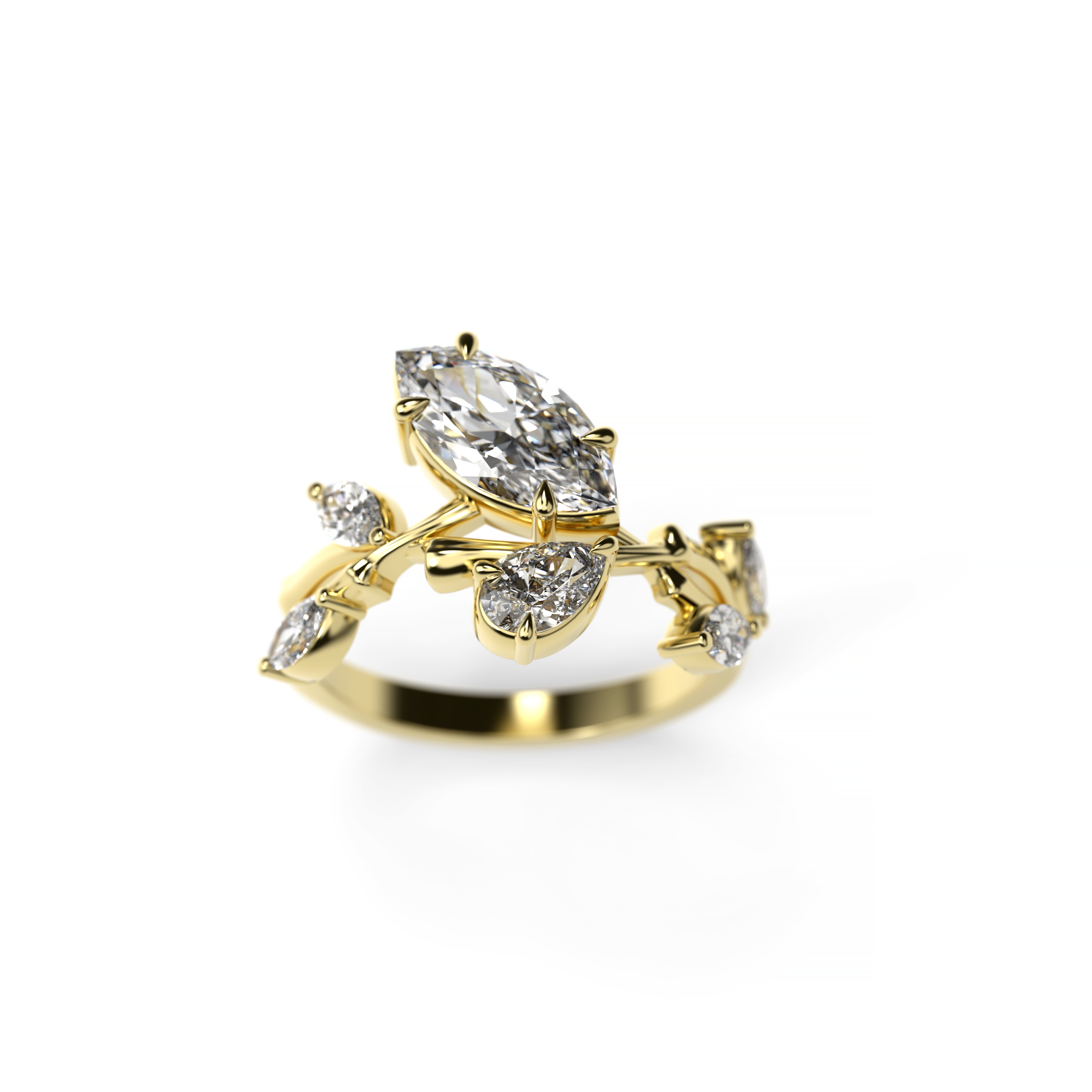 Marquise diamond vine engagement ring in yellow gold on white background