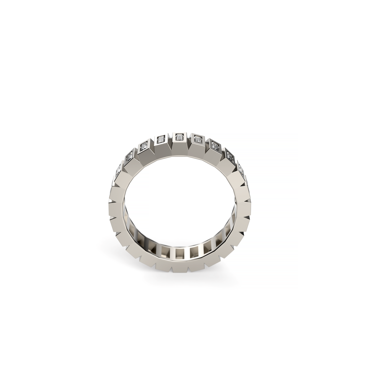 Men’s white gold baguette diamond eternity band with bezel-set baguette-cut diamonds, shown from the side on a white background.