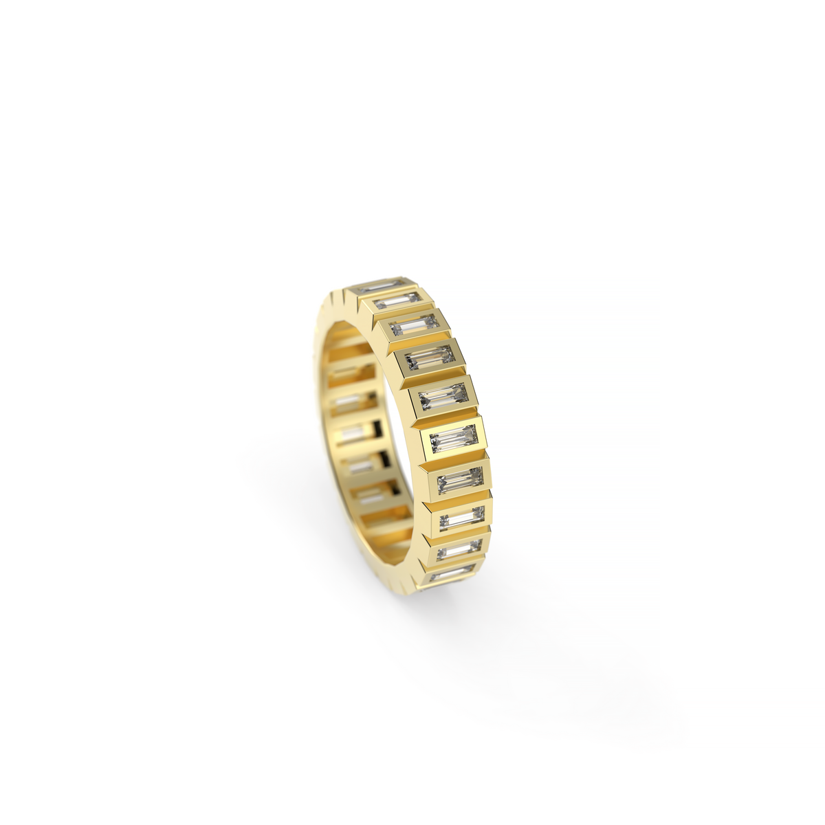 Men’s yellow gold baguette diamond eternity band with bezel-set baguette-cut diamonds, shown at an angled view on a white background.