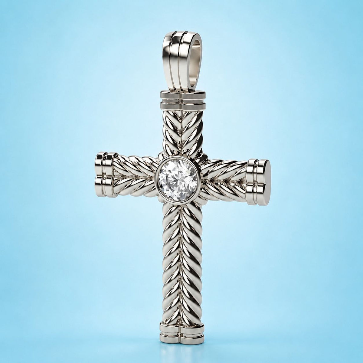 Men’s white gold cross pendant with a round center diamond, shown front view on a light blue background.