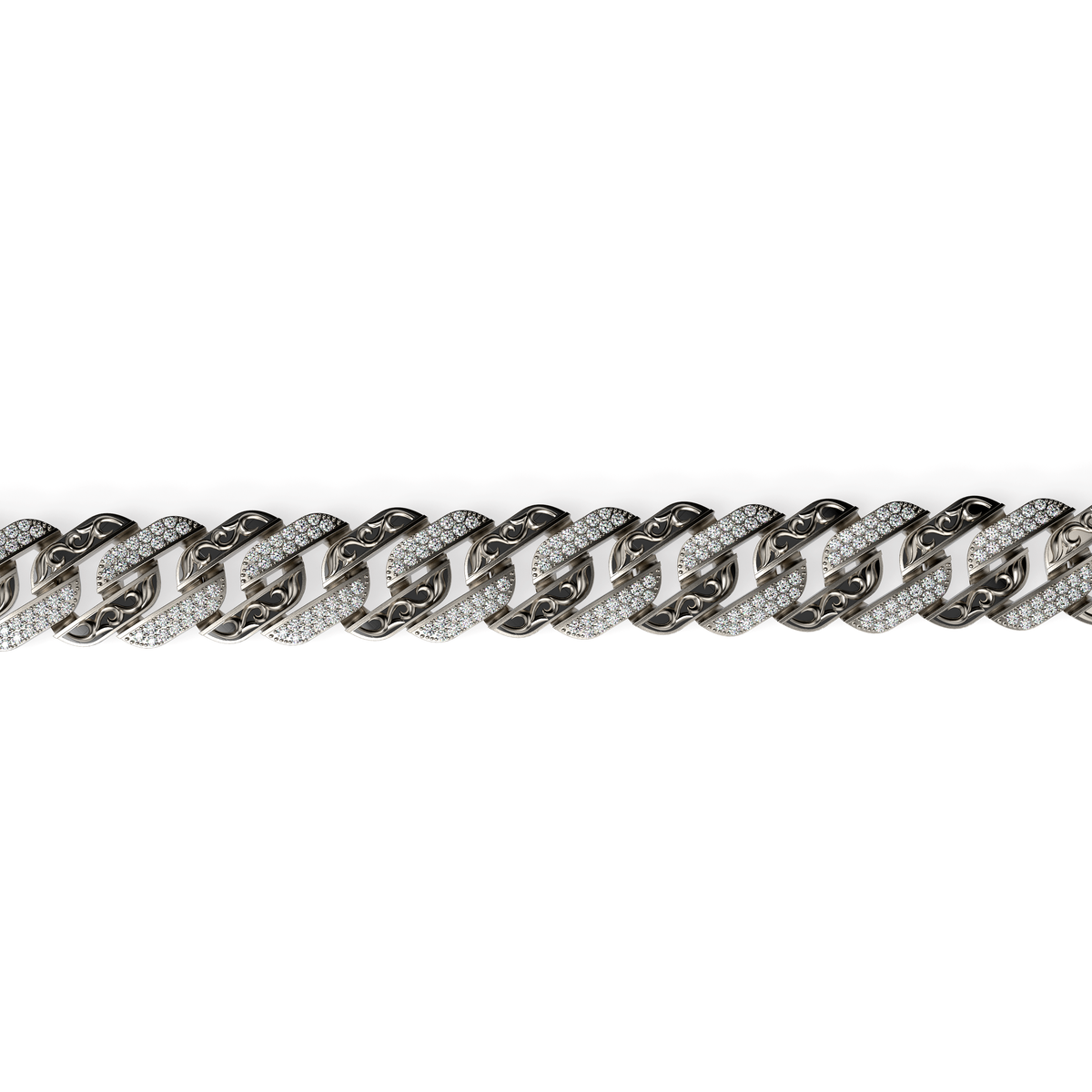 Detail view of a men’s white gold Cuban link bracelet with alternating pavé diamond links and patterned sculptural links.