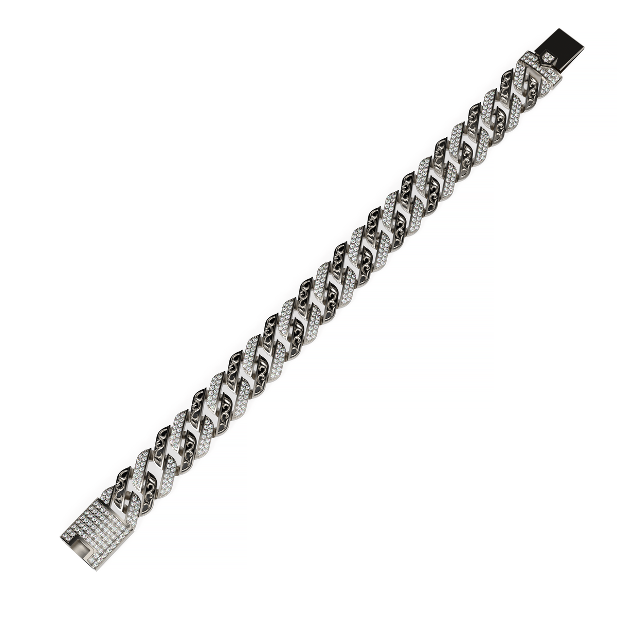 Full view of a men’s white gold Cuban link bracelet with alternating pavé diamond links, patterned sculptural links, and diamond-set clasp.