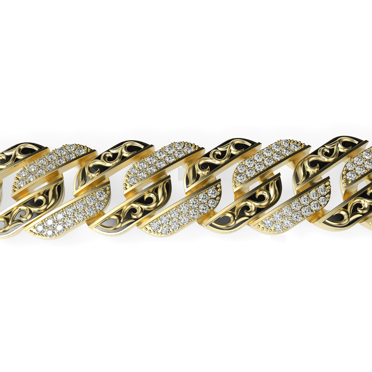 Detail view of a men’s yellow gold Cuban link bracelet with alternating pavé diamond links and patterned sculptural links.