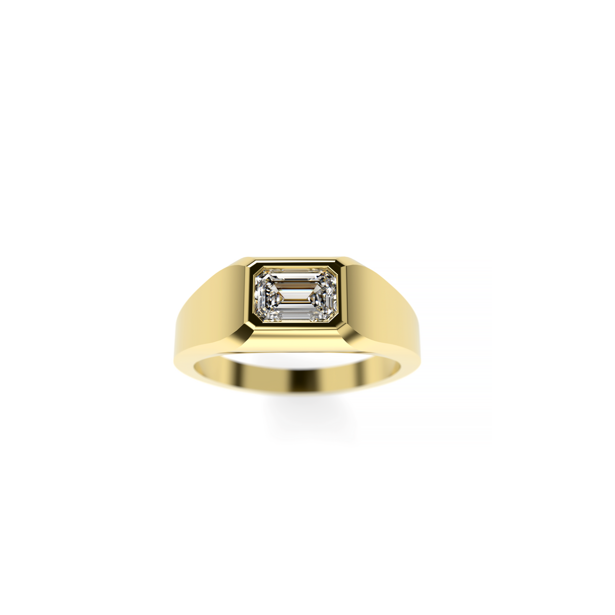 Front view of a men’s yellow gold signet-style ring with an emerald-cut diamond center stone and bold polished band.