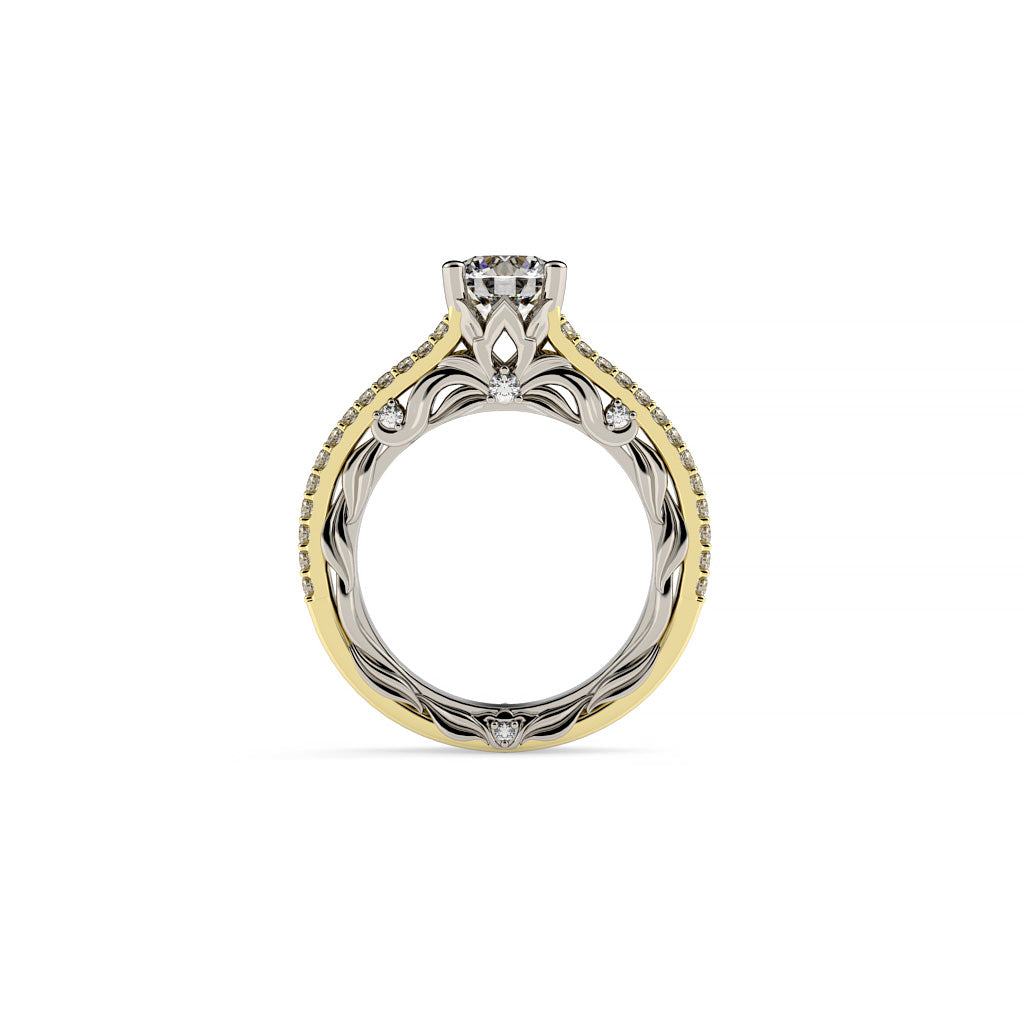 Two-tone round diamond Art Nouveau-inspired halo engagement ring with pavé split shank and sculptural open gallery, shown from the back.