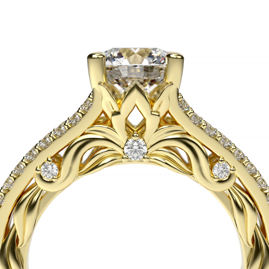 Close-up of a round diamond Art Nouveau-inspired halo engagement ring with pavé split shank, leaf-like gold details, and an ornate open gallery.