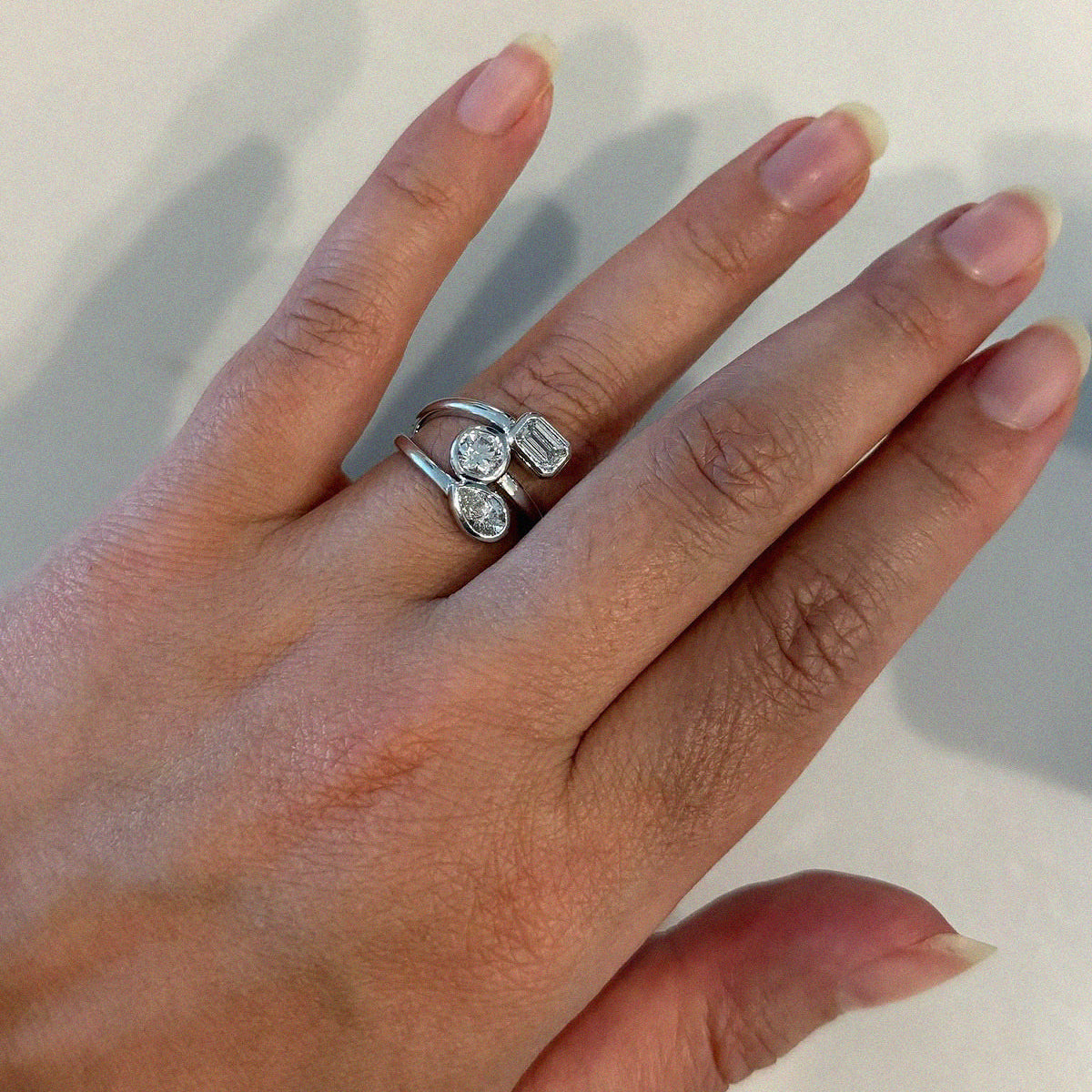 3 Diamond Ring – Emerald, Pear & Round Cuts