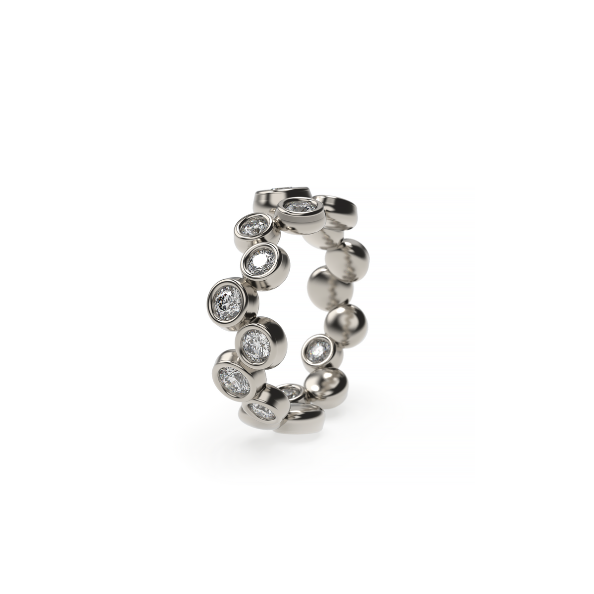 Bubble Bezel white gold diamond ring with round bezel-set diamonds, shown at an angle on a white background.