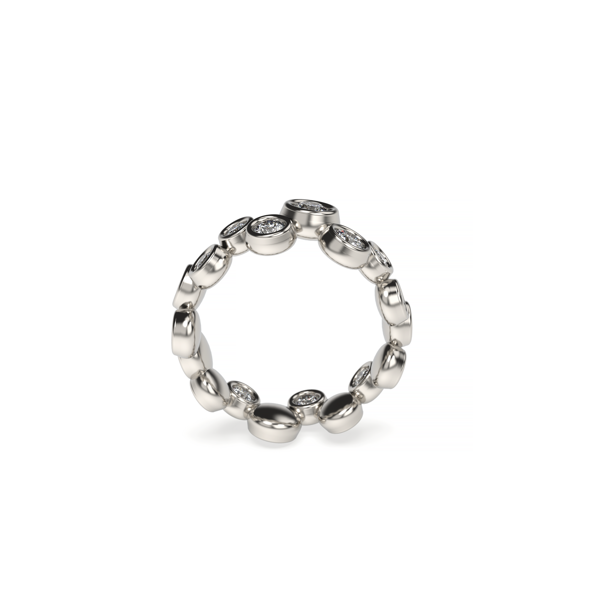 Bubble Bezel white gold diamond ring with round bezel-set diamonds, shown from a side angle on a white background.