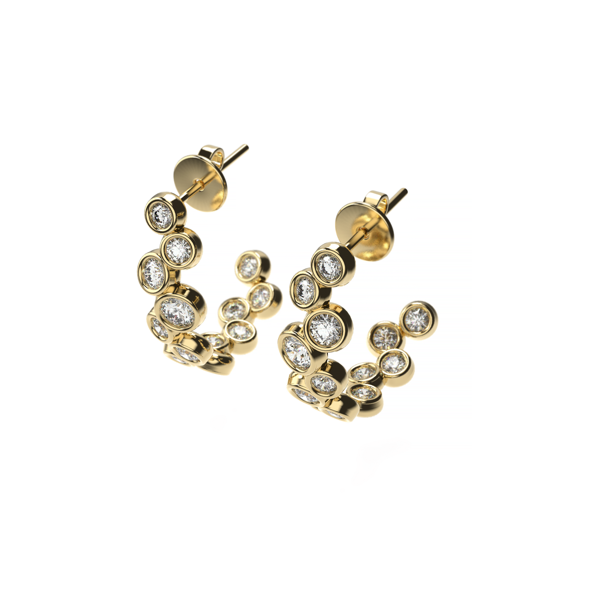 Bubble diamond hoop earrings in yellow gold with round bezel-set diamonds, shown on a white background.