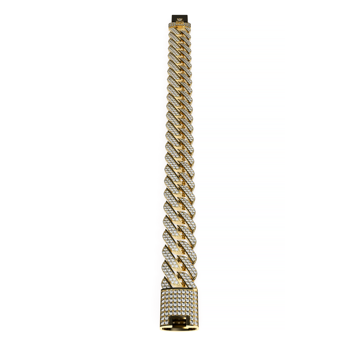 Yellow gold Cuban link bracelet fully set with pavé diamonds, shown vertically on a white background.