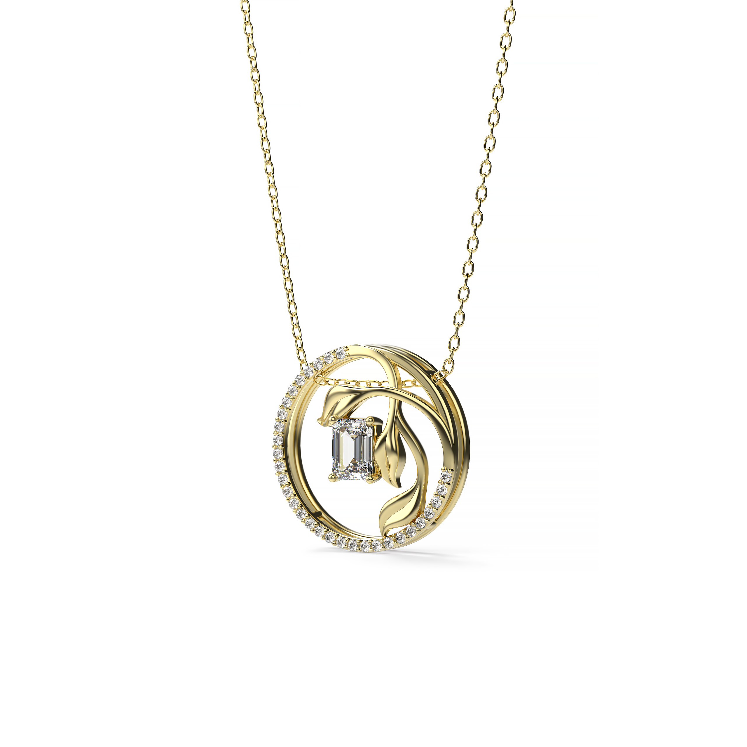 Emerald-Cut Diamond Pendant with Leaf Motif