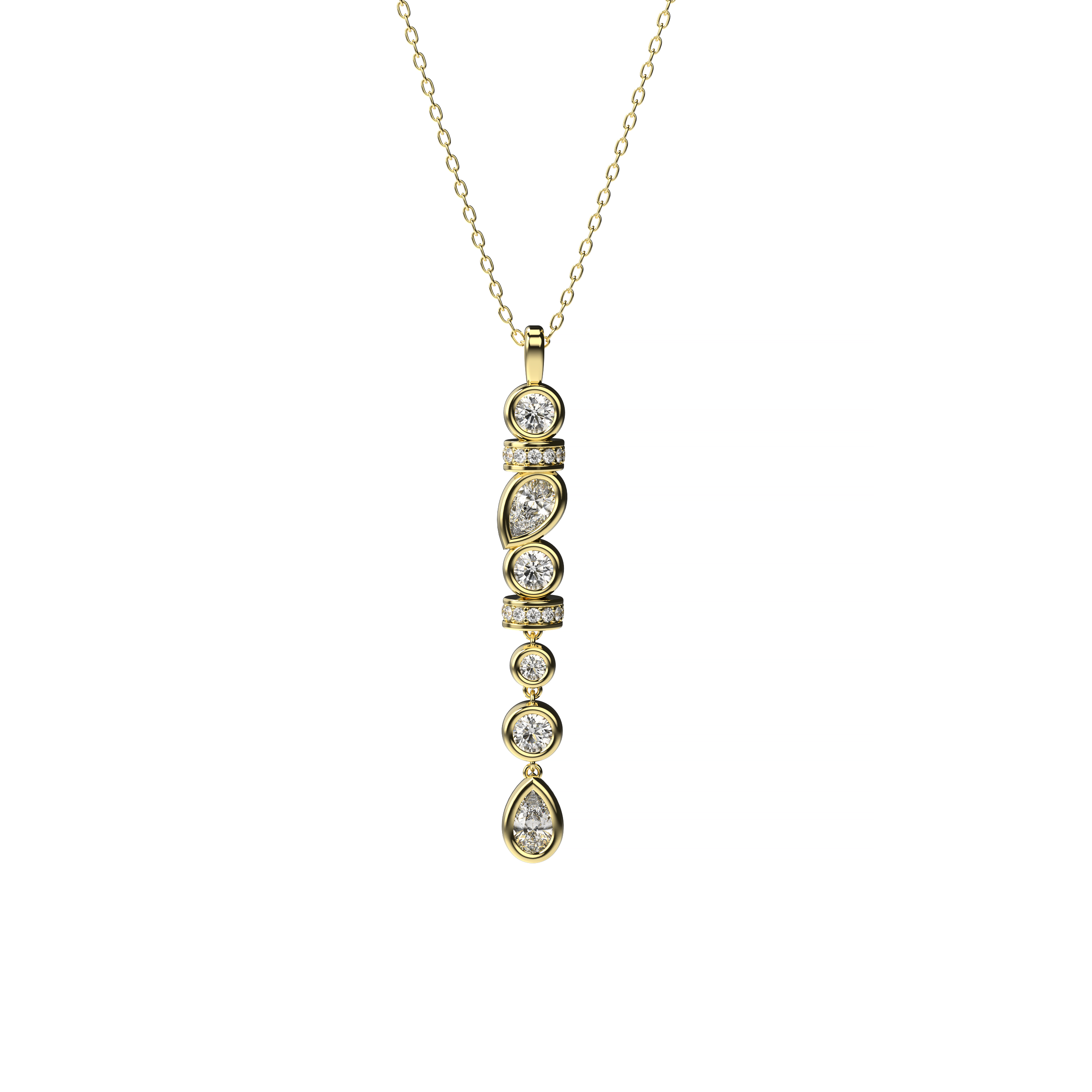 Gold necklace with diamonds, pendant in yellow gold on a white background