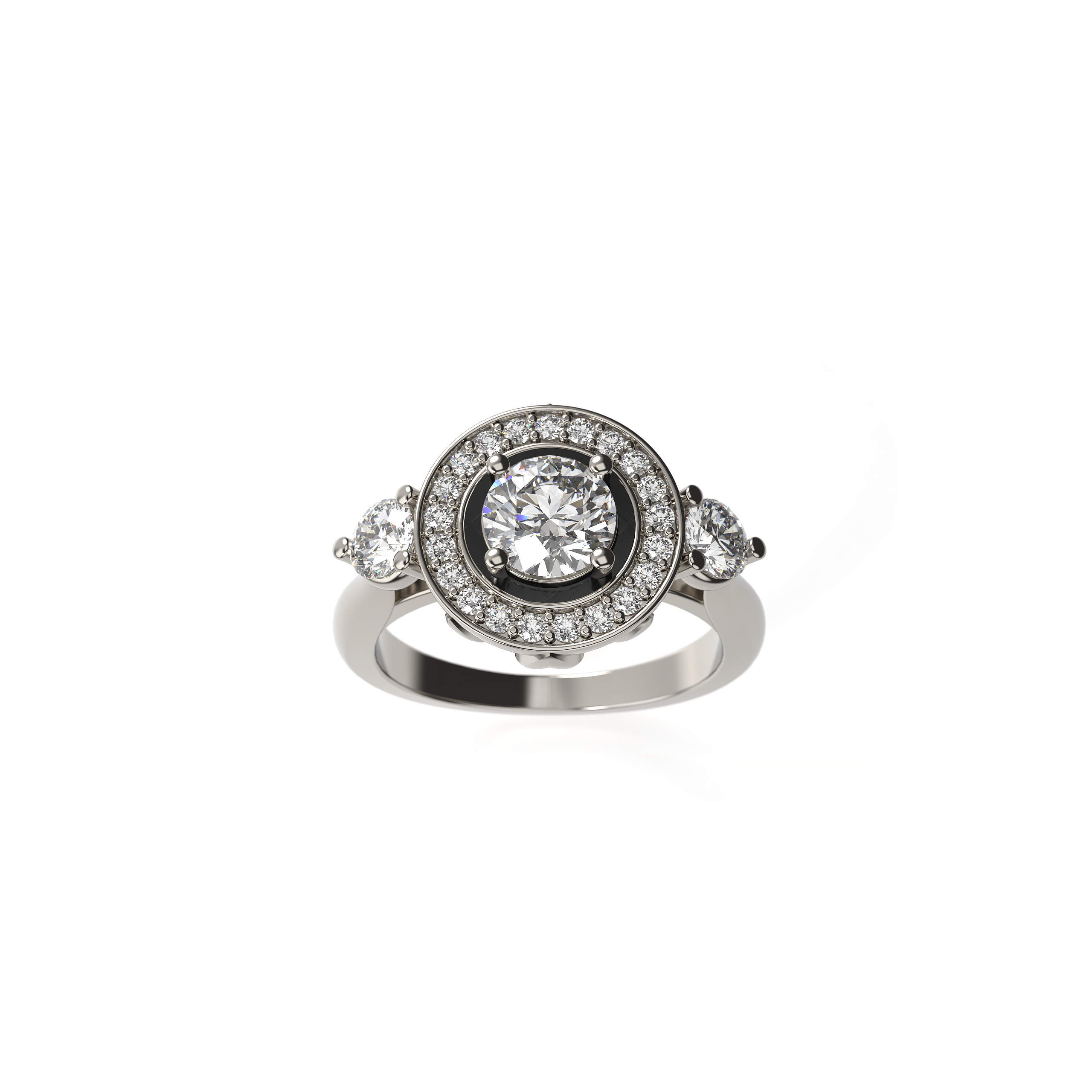 Engagement ring with a central diamond and smaller diamonds on a white background
