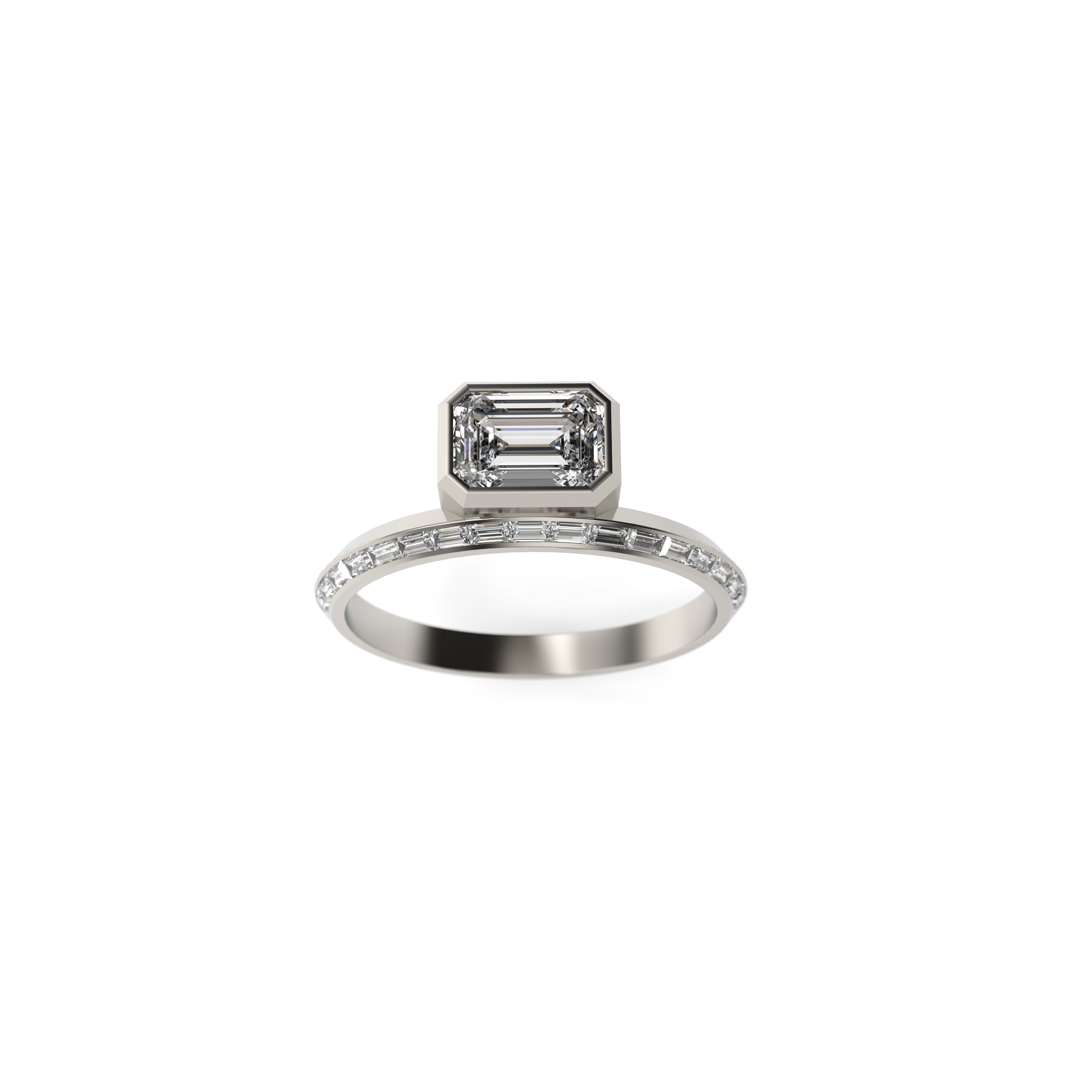 Diamond ring with emerald-cut center stone on a white background