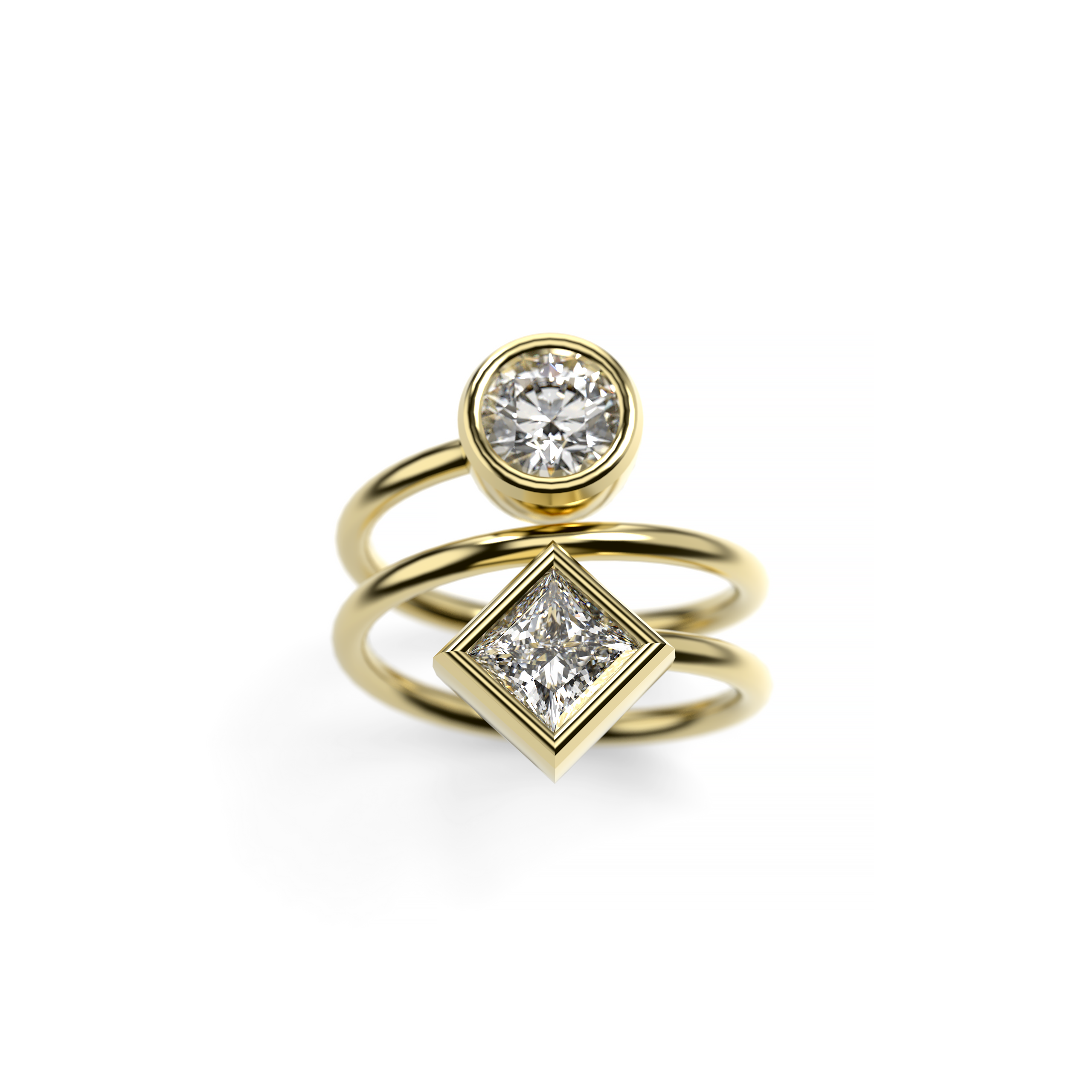 Spiral Two-Diamond Ring with Round and Princess-Cut Diamonds
