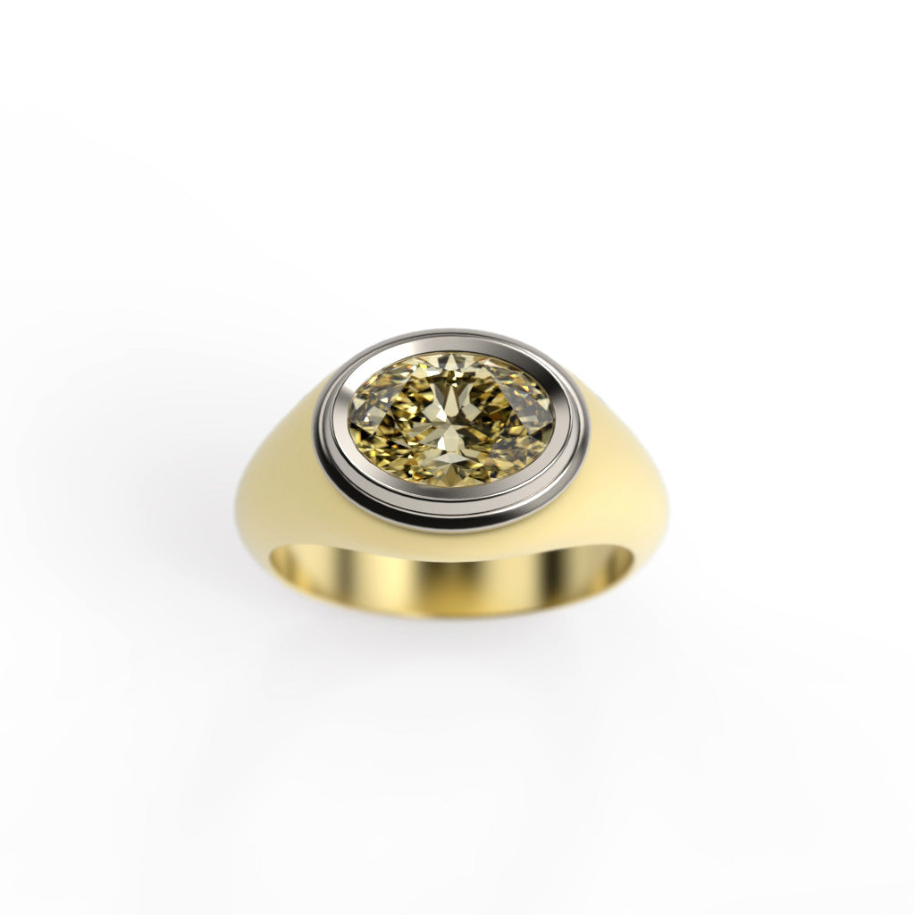Front angled view of a two-tone oval yellow diamond signet ring with a stepped bezel